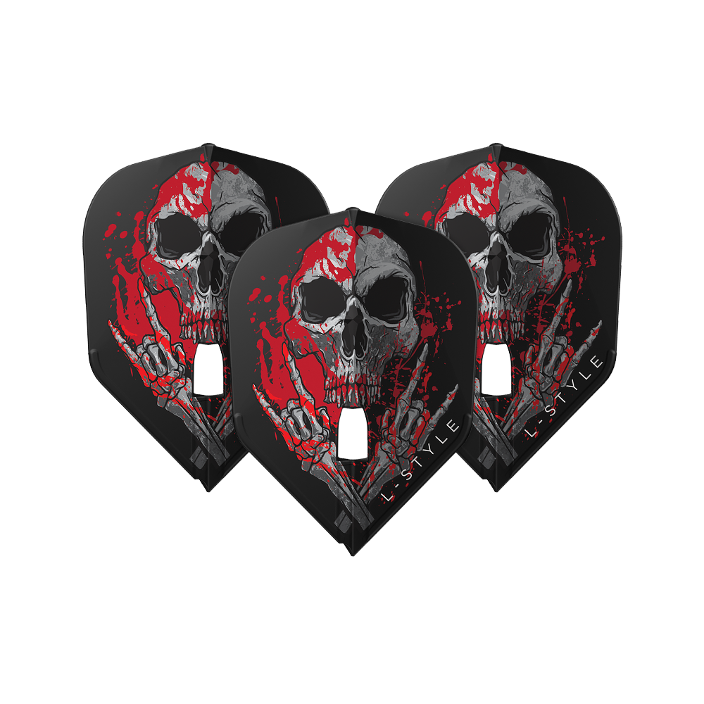 Letky L-Style Ryan Searle V3 L3PRO černé Das Bild zeigt drei schwarze Dart-Flights mit einem auffälligen Totenkopf-Design und roten Farbspritzern. Unten auf den Flights steht der Schriftzug "L-STYLE".
