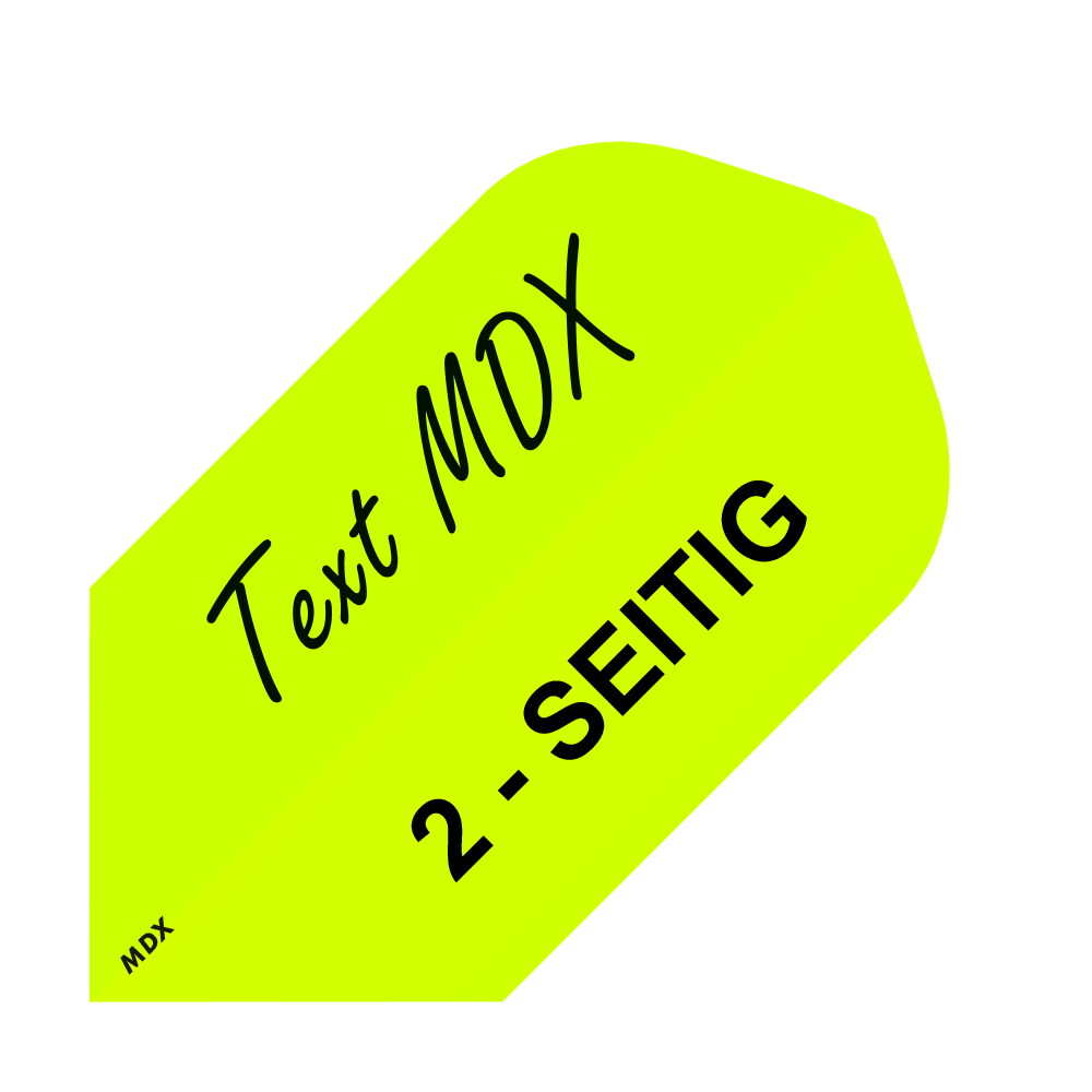 MD-455_2-Seitig_Bedruckte_Flights_Wunschtext_MDX_Gelb_Slim_1 Das Bild zeigt ein gelbes Quadrat mit schwarzer Schrift. Darauf steht „Text MDX“ und „2-SEITIG“.