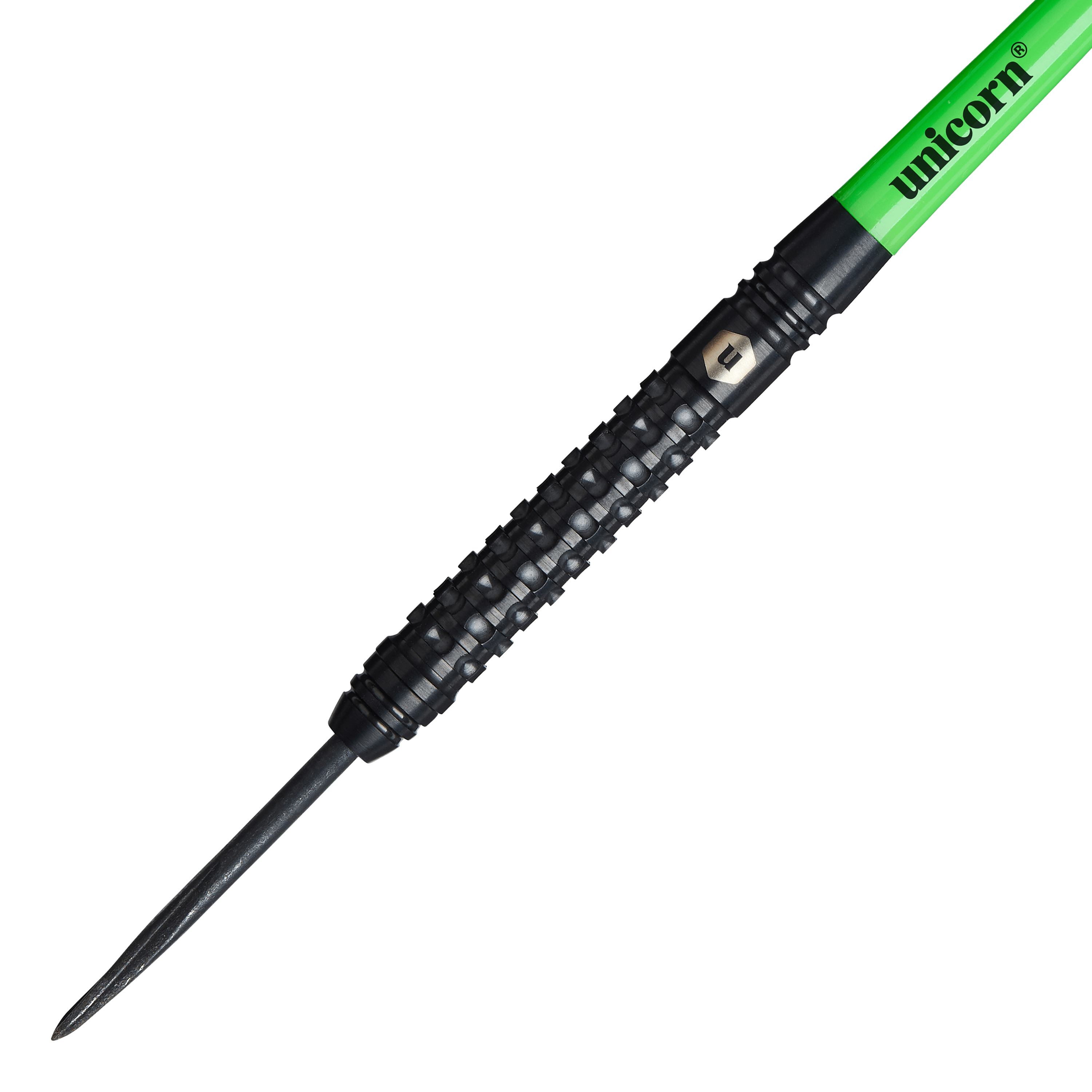 Stalowe lotki Unicorn Wraith Das Bild zeigt einen Unicorn Wraith Steeldart mit schwarzem, strukturiertem Griff. Der Schaft ist grün und trägt die Aufschrift "unicorn".