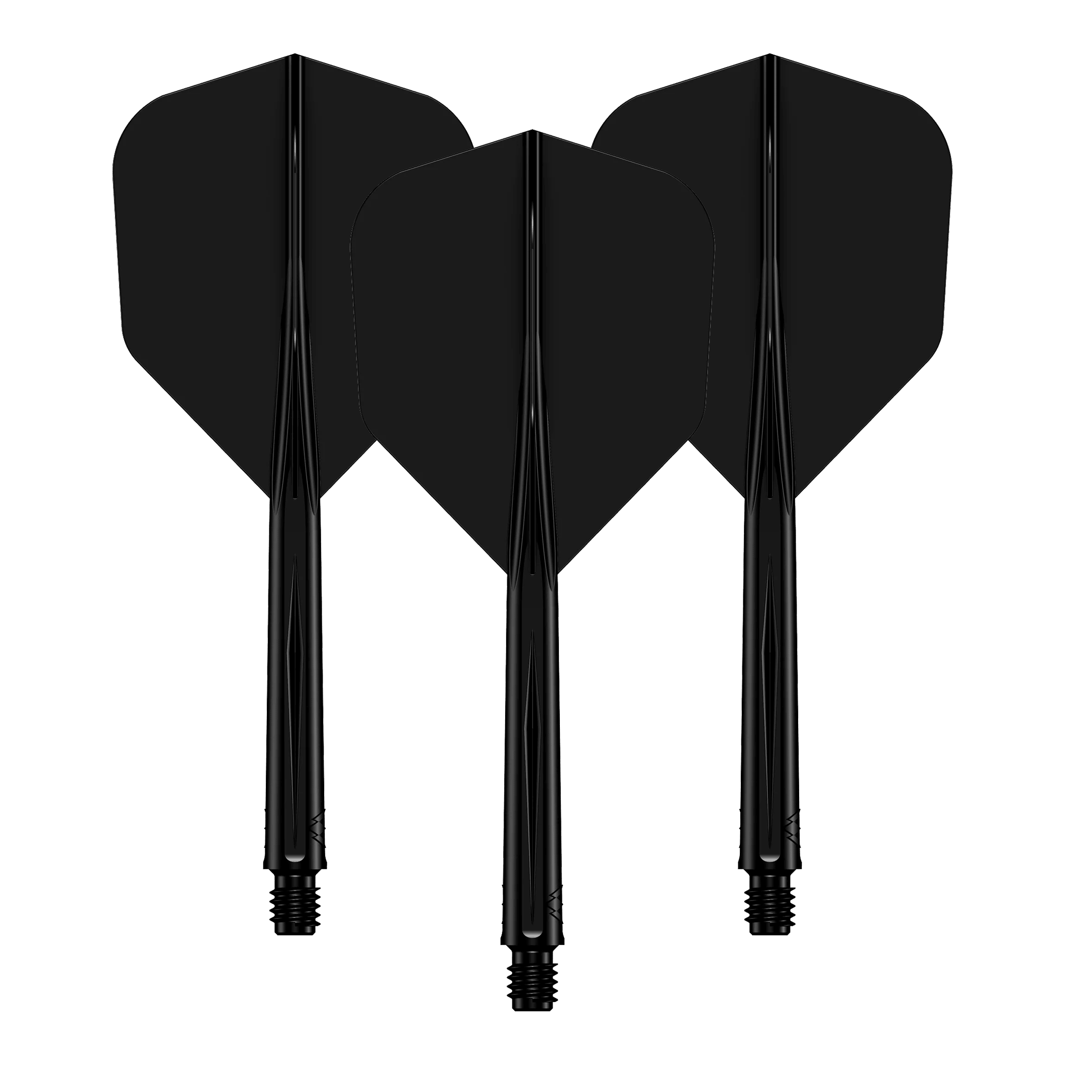 Mission Force 90 No6 Flight-Shaft-System - Schwarz Medium Auf dem Bild sind drei schwarze Dartflights mit passenden Shafts zu sehen. Sie stehen nebeneinander und sind identisch gestaltet.