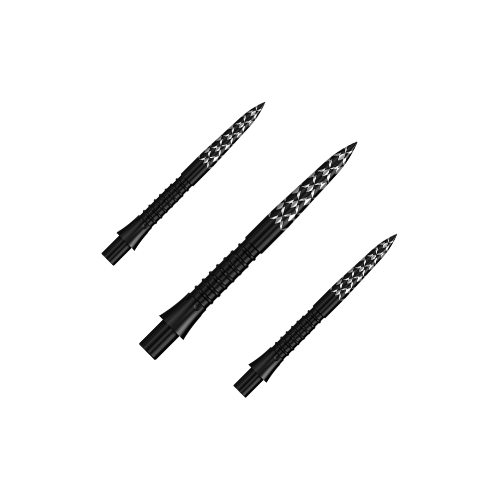 Puntas de dardos Mission Caliburn EVO con logotipo GV - Negro Das Bild zeigt ein Set schwarzer Steeldartspitzen mit GV-Logo, 26 mm lang. Diese Spitzen sind speziell für Dartpfeile entwickelt worden.