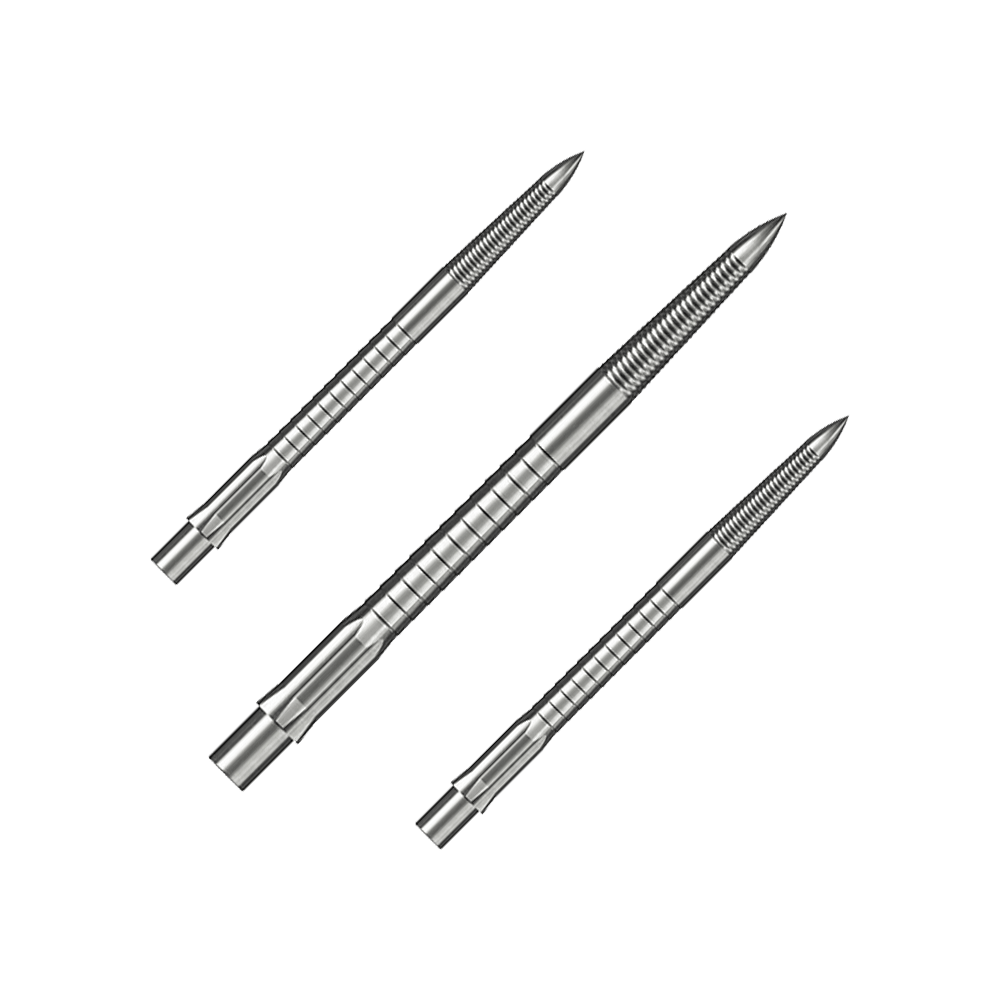 Das Bild zeigt ein Set von Steeldartspitzen mit Micro Grip, Silber, 36mm. Die Spitzen sind nebeneinander auf weißem Hintergrund angeordnet.