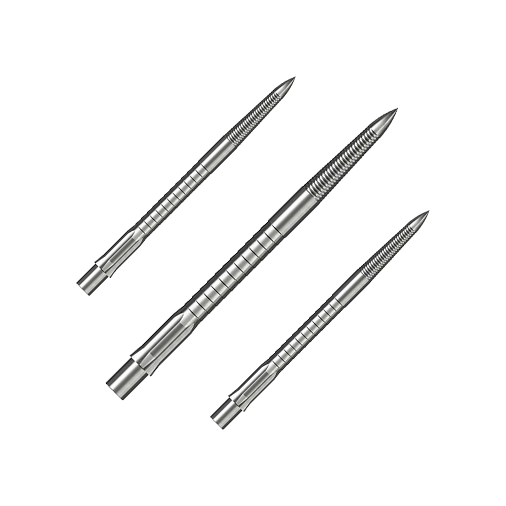 Caliburn System Steel Dart Tips - Micro Grip - Silver Das Bild zeigt ein Set von Steeldartspitzen mit Micro Grip, Silber, 36mm. Die Spitzen sind nebeneinander auf weißem Hintergrund angeordnet.
