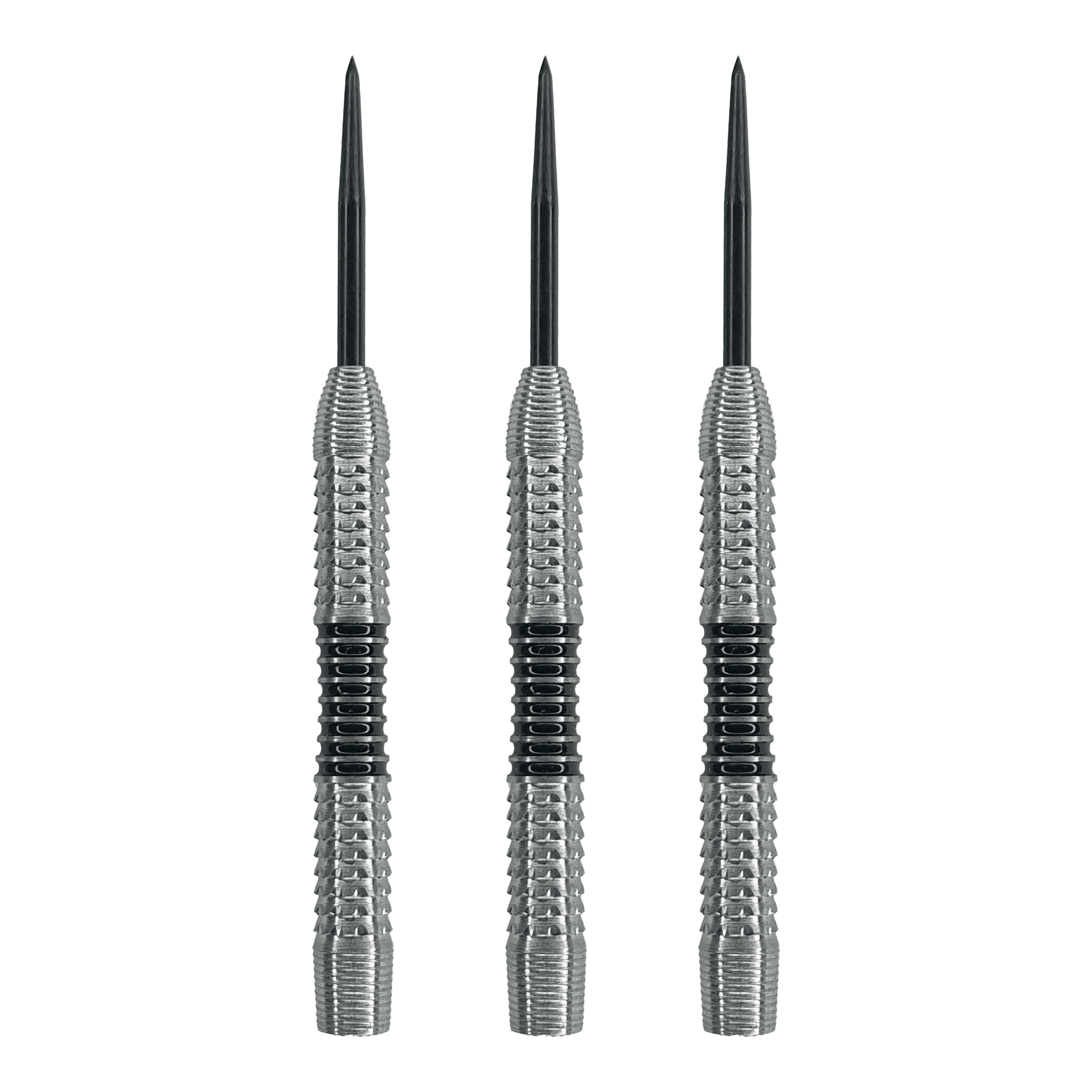 McDart Black Stripe 2 ocelové hlavice na šipky - 22g Das Bild zeigt drei Steeldart-Barrels mit silberner Oberfläche und schwarzen Ringen in der Mitte. Es handelt sich um das Produkt "McDart Black Stripe 2 Steeldart-Barrels - 22g".