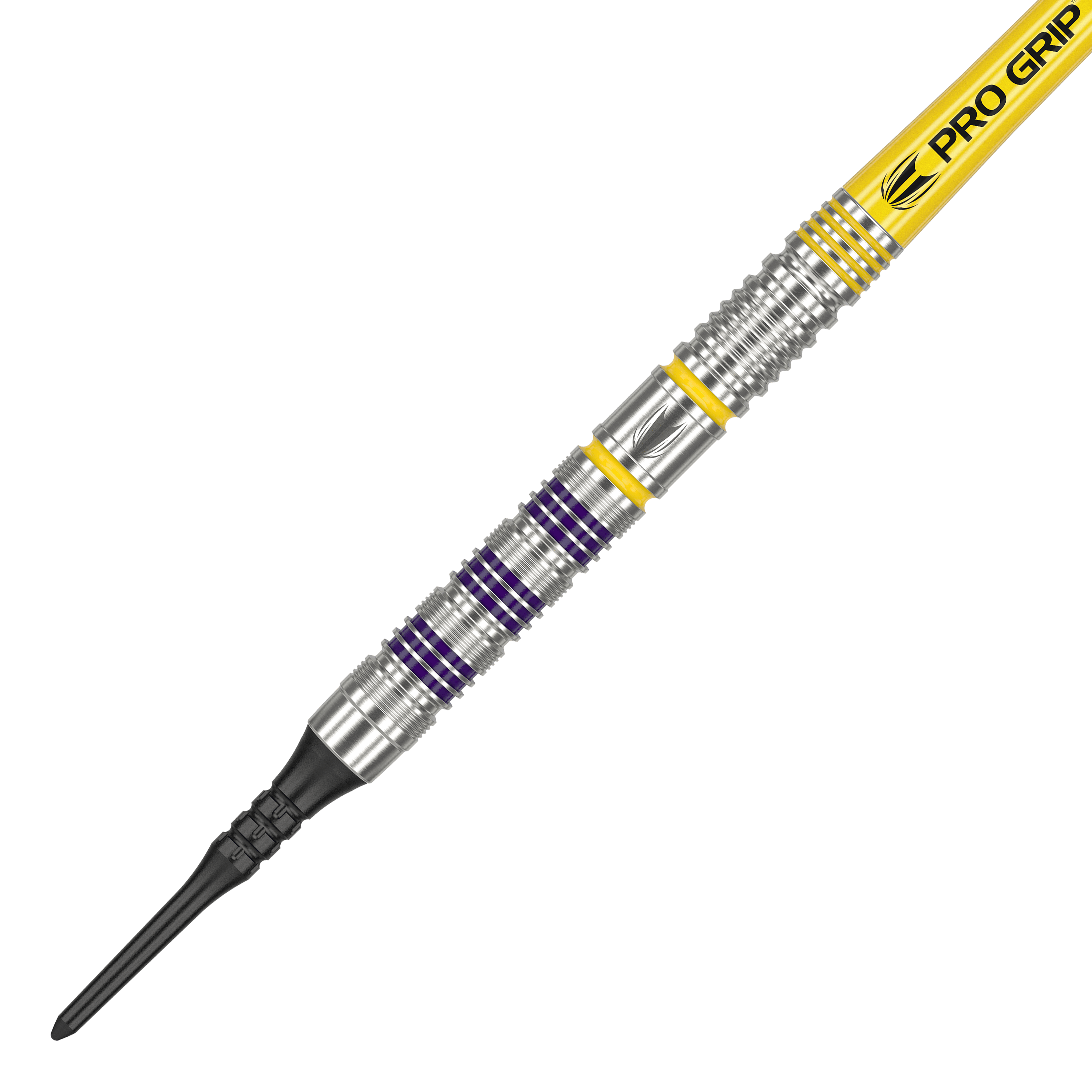 Target Luke Littler Loadout Softdarts - 19g Das Bild zeigt einen Softdart namens "Target Luke Littler Loadout Softdarts - 19g". Der Dartpfeil ist silberfarben mit gelben und lila Ringen sowie einem gelben "PRO GRIP"-Schaft.