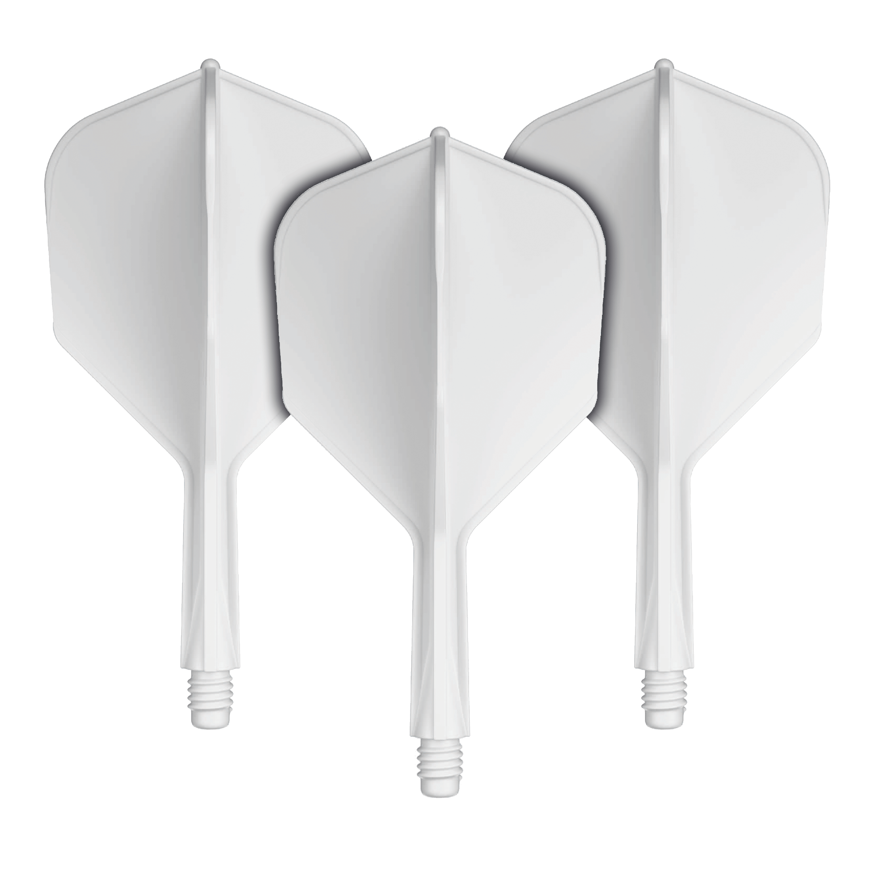 GOAT A1R No6 Flight-Shaft-System - Weiß Auf dem Bild sind drei weiße Dart-Flügel mit Schäften zu sehen. Sie sind nebeneinander angeordnet und zeigen alle nach oben.