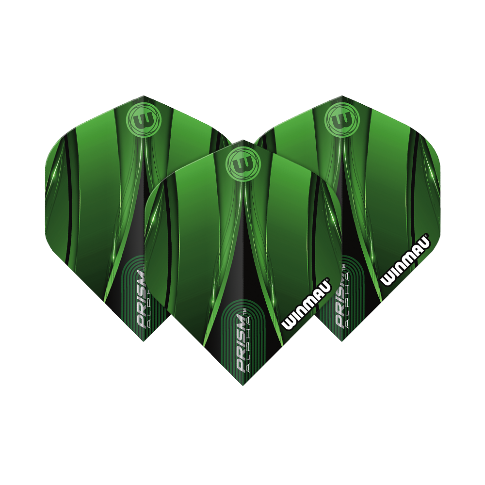Letky Winmau Alpha Sniper Green Standard Das Bild zeigt ein Set der Winmau Alpha Sniper Green Standard Flights. Mehrere Flights sind nebeneinander angeordnet.