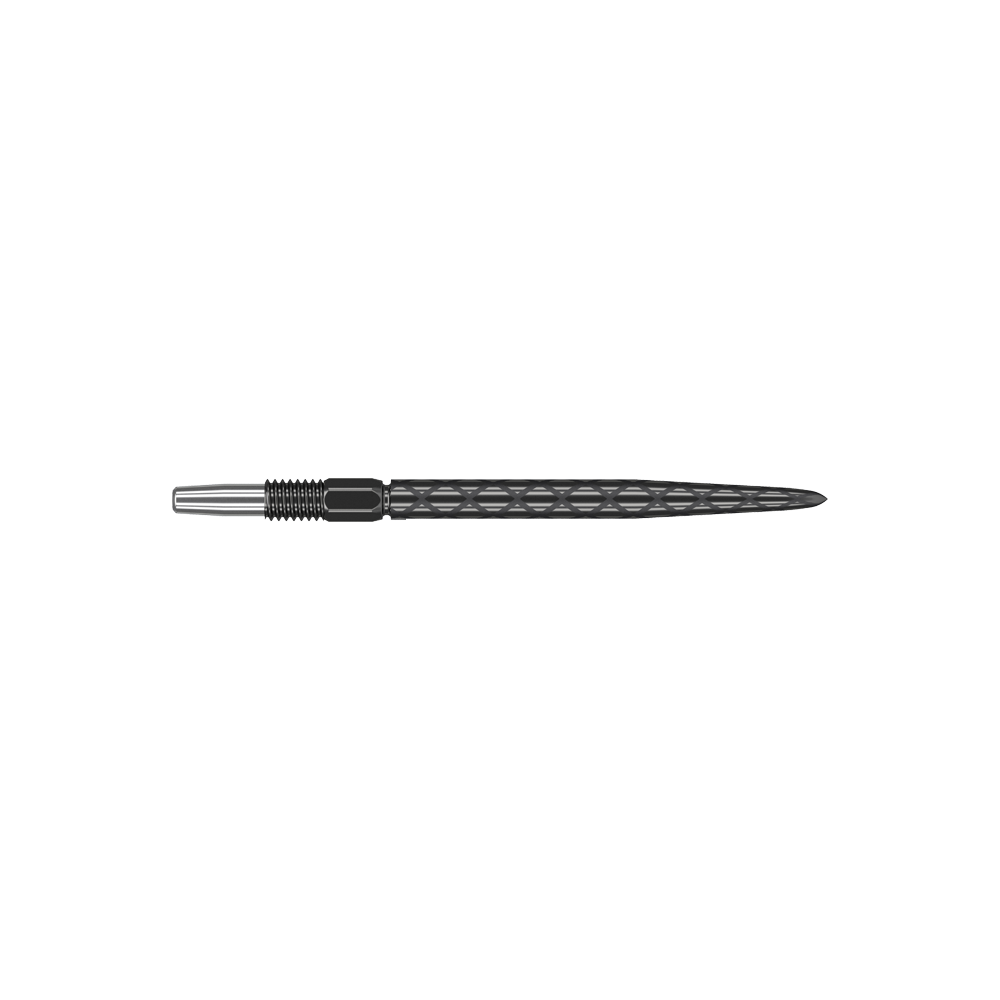 Puntas de dardos Target Swiss Diamond Pro Black Points Das Bild zeigt eine schwarze Dartspitze mit einem rautenförmigen Muster. Sie ist schlank und hat ein Schraubgewinde am hinteren Ende.