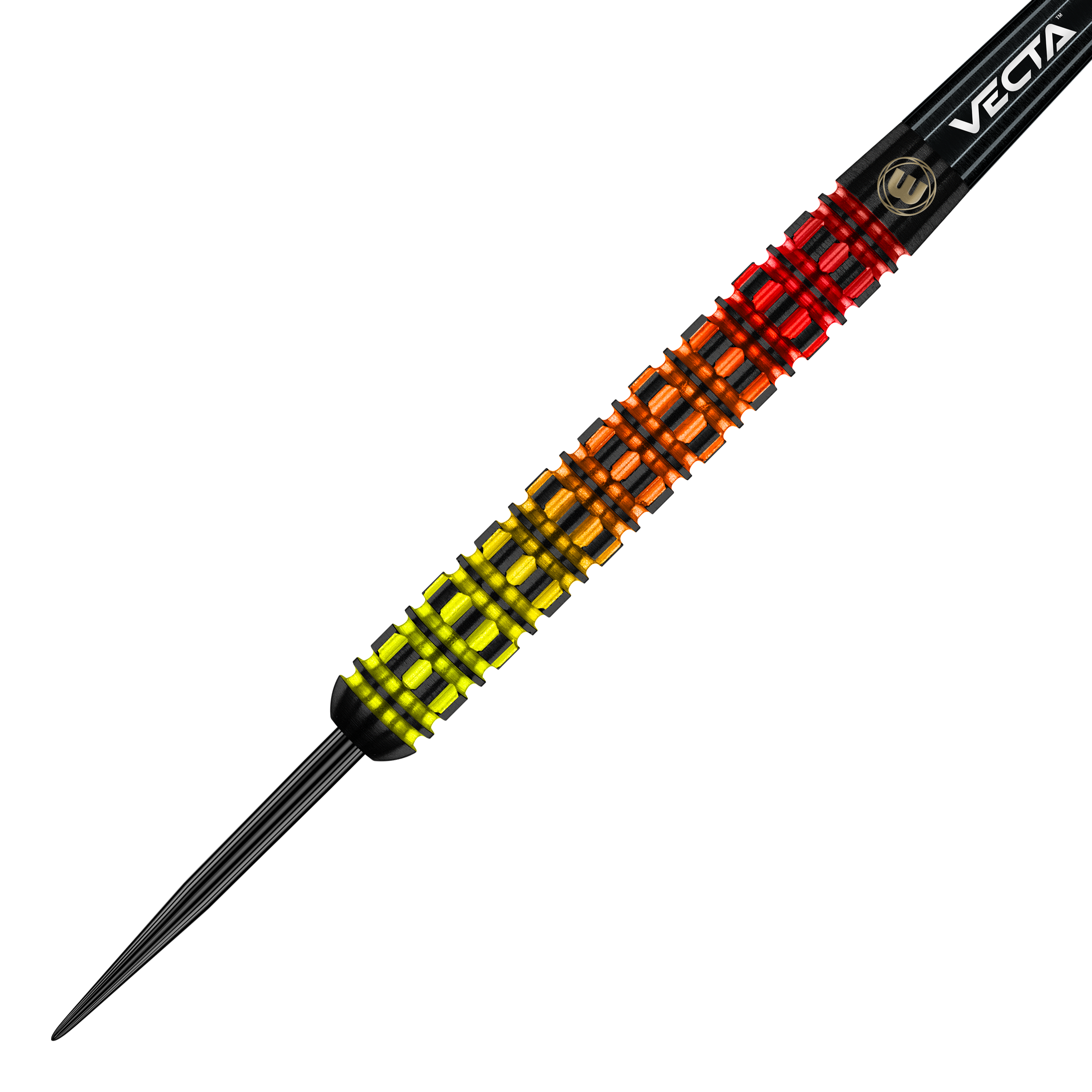 Dardos de acero paralelos de llamas de tormenta de fuego Winmau Das Bild zeigt den Winmau Firestorm Flame Parallel Steeldart. Der Dart hat einen auffälligen Farbverlauf von Gelb über Orange zu Rot und ein markantes Rillendesign am Barrel.