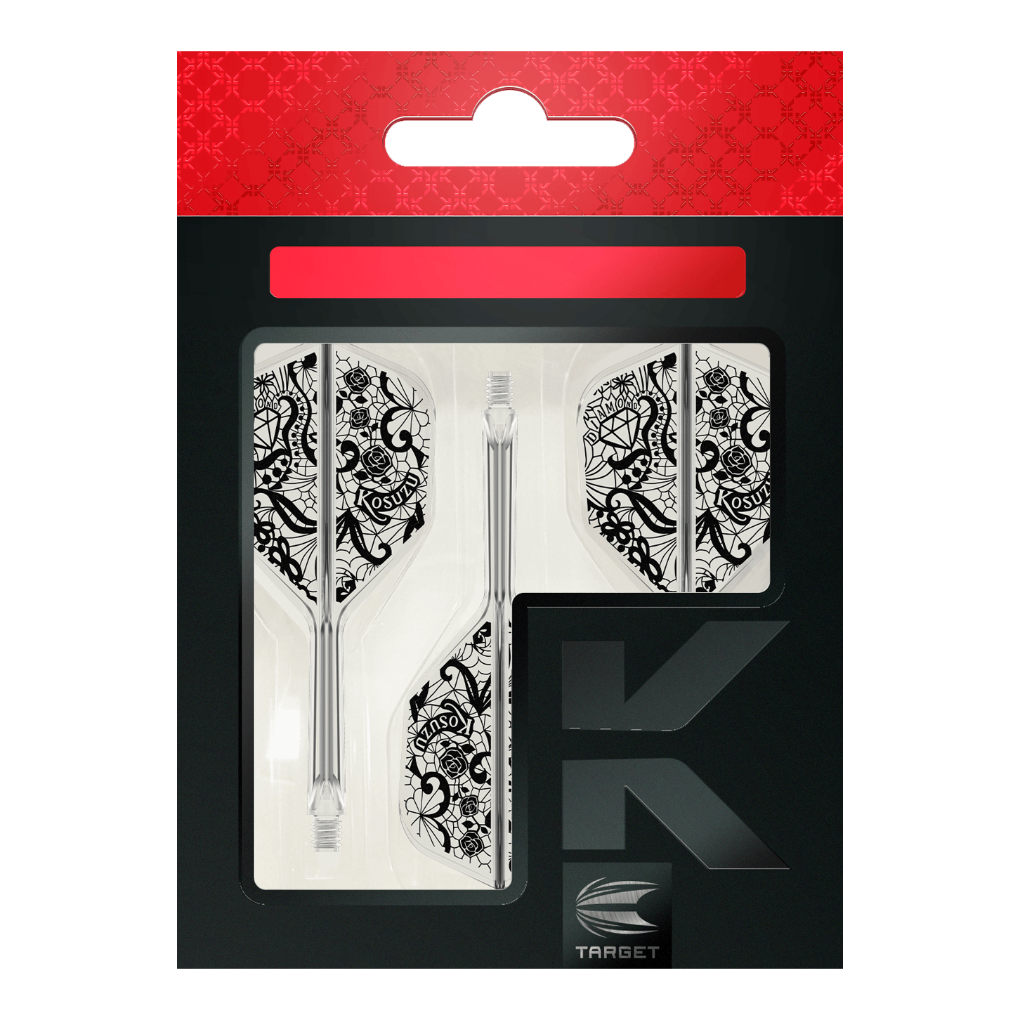 Systém Target Japan K-Flex Diamond No6 Flight Shaft System Das Bild zeigt die Verpackung des Produkts "Target Japan K-Flex Diamond No6 Flight-Shaft-System". Zu sehen sind drei transparente Dartschäfte mit weißen Flights, die ein detailliertes, schwarzes Muster haben.