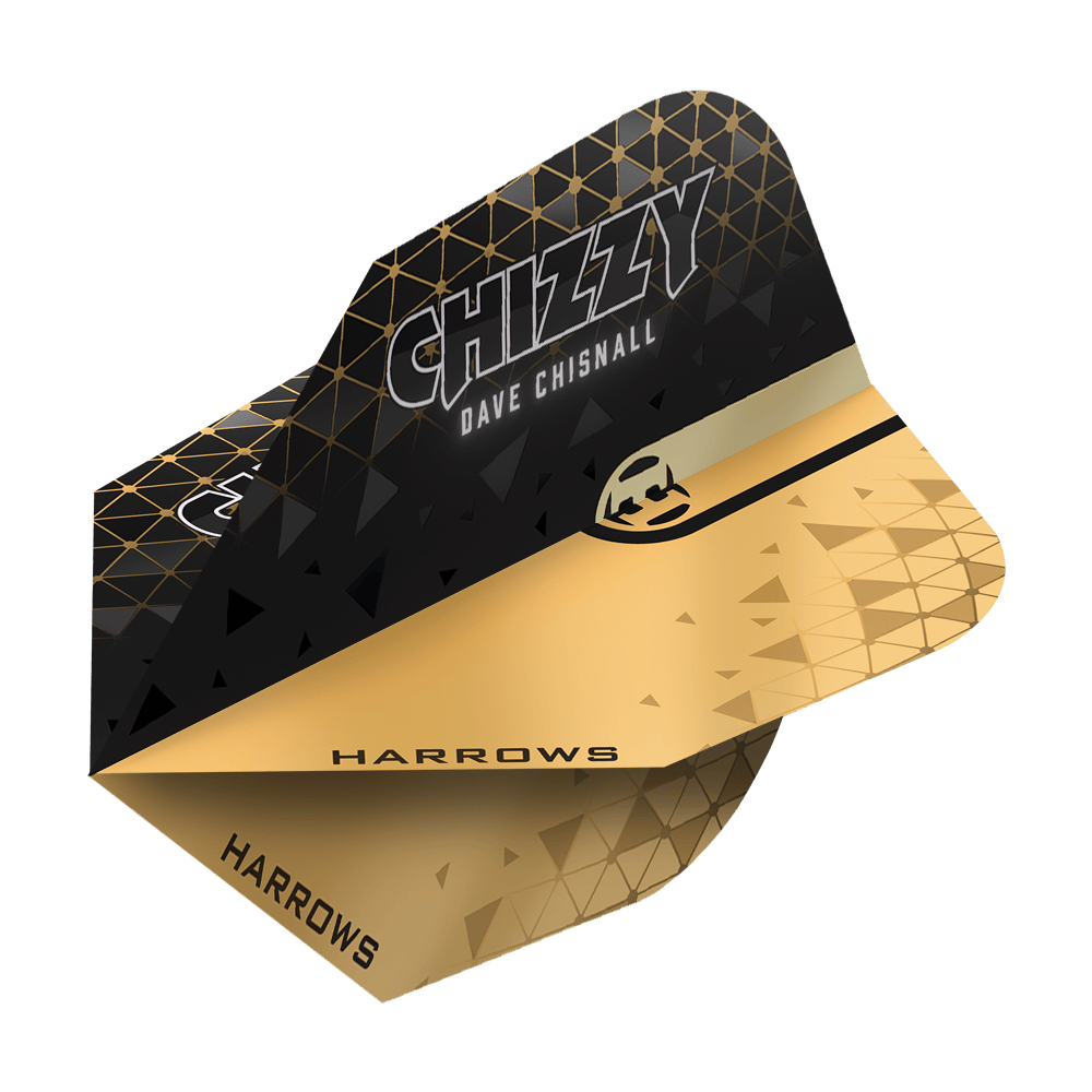Harrows Prime Dave Chisnall Chizzy 2 Lety č. 6 Das Bild zeigt ein Harrows Prime Dave Chisnall Chizzy 2 No6 Flight. Das Flight ist schwarz-gold gestaltet und trägt den Aufdruck "CHIZZY DAVE CHISNALL" sowie das Harrows-Logo.