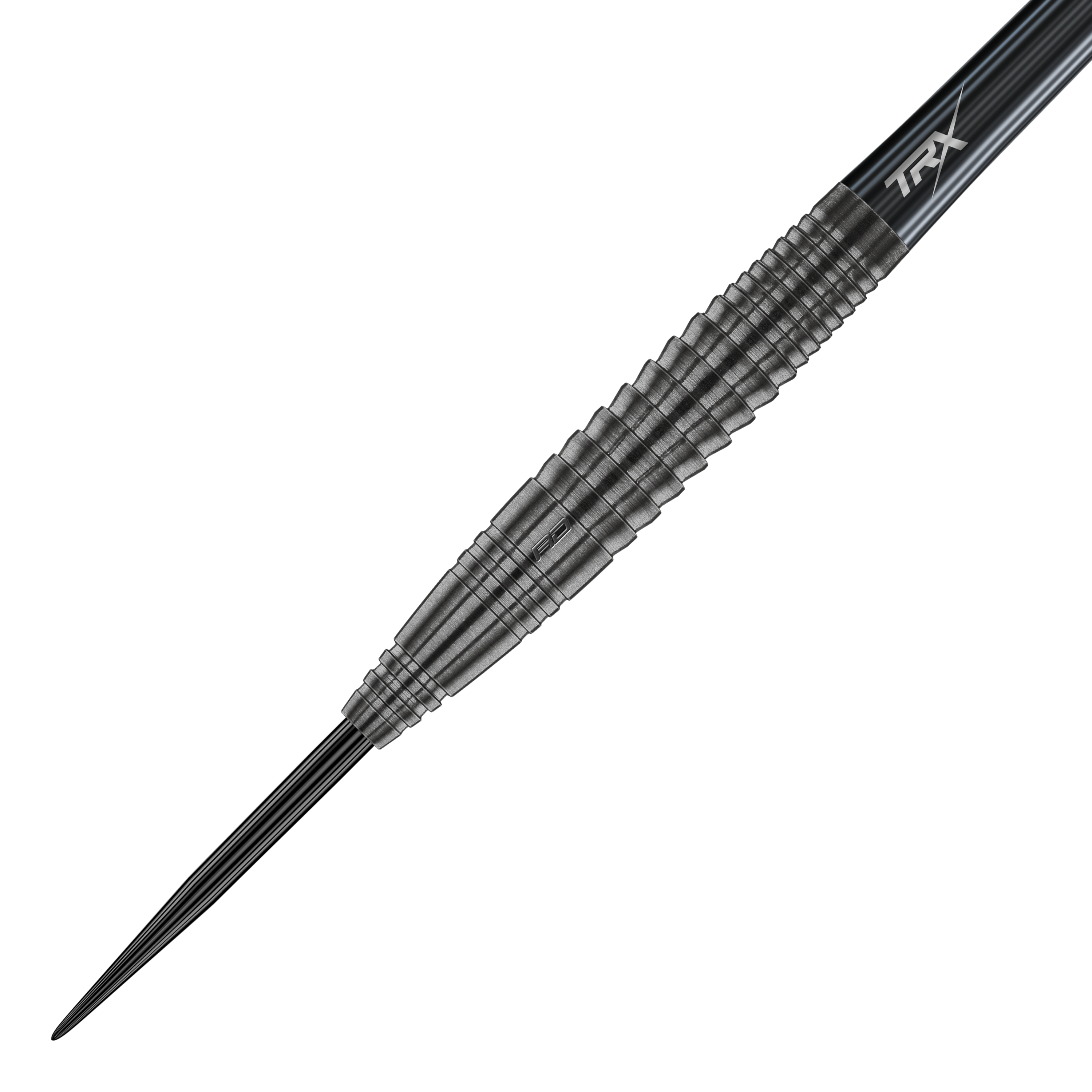 Ocelové šipky Red Dragon Seren 4 Onyx Das Bild zeigt einen Red Dragon Seren 4 Onyx Steeldart. Der Dart hat ein schwarzes, gerilltes Metallgehäuse und eine spitze Stahlspitze.