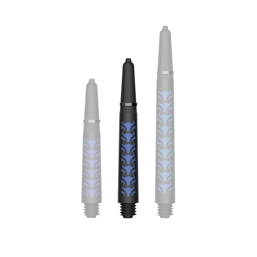 Das Foto zeigt BullsNL Capo Carbon Shafts Blau Short 34mm. Es handelt sich um einen einzelnen Dart-Schaft aus Carbon.