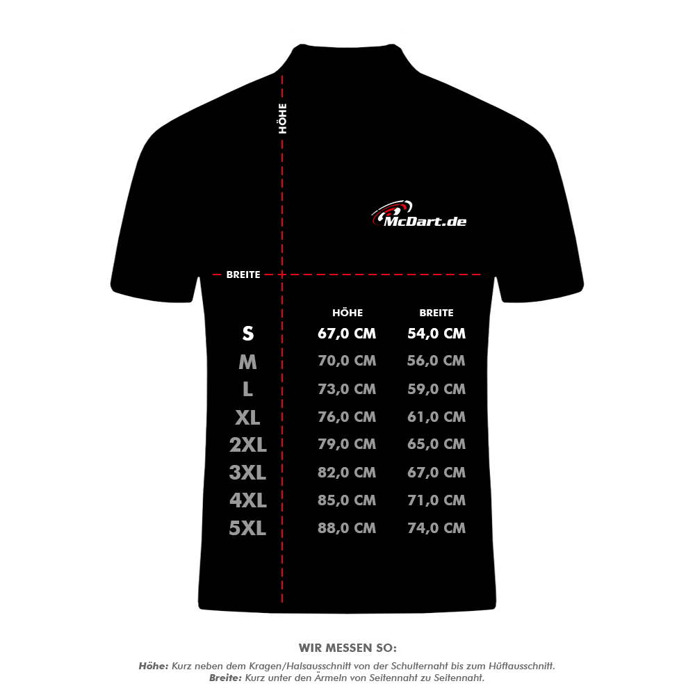 HRS-26036Harrows_Paragon_Dartshirts_5_S Das Bild zeigt ein schwarzes Dartshirt mit dem Logo "McDart.de" auf der Brust. Darauf sind Größenangaben für das Shirt in Höhe und Breite für verschiedene Größen von S bis 5XL abgebildet.