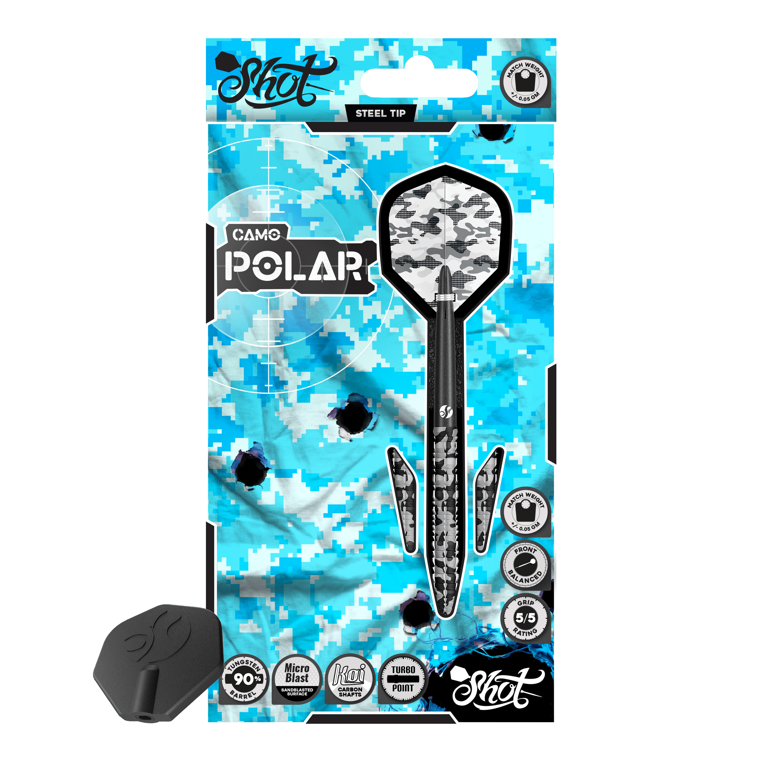 Das Produktbild zeigt Shot Camo Polar TurboPoint Steeldarts. Die Darts unterscheiden sich durch ein Muster.