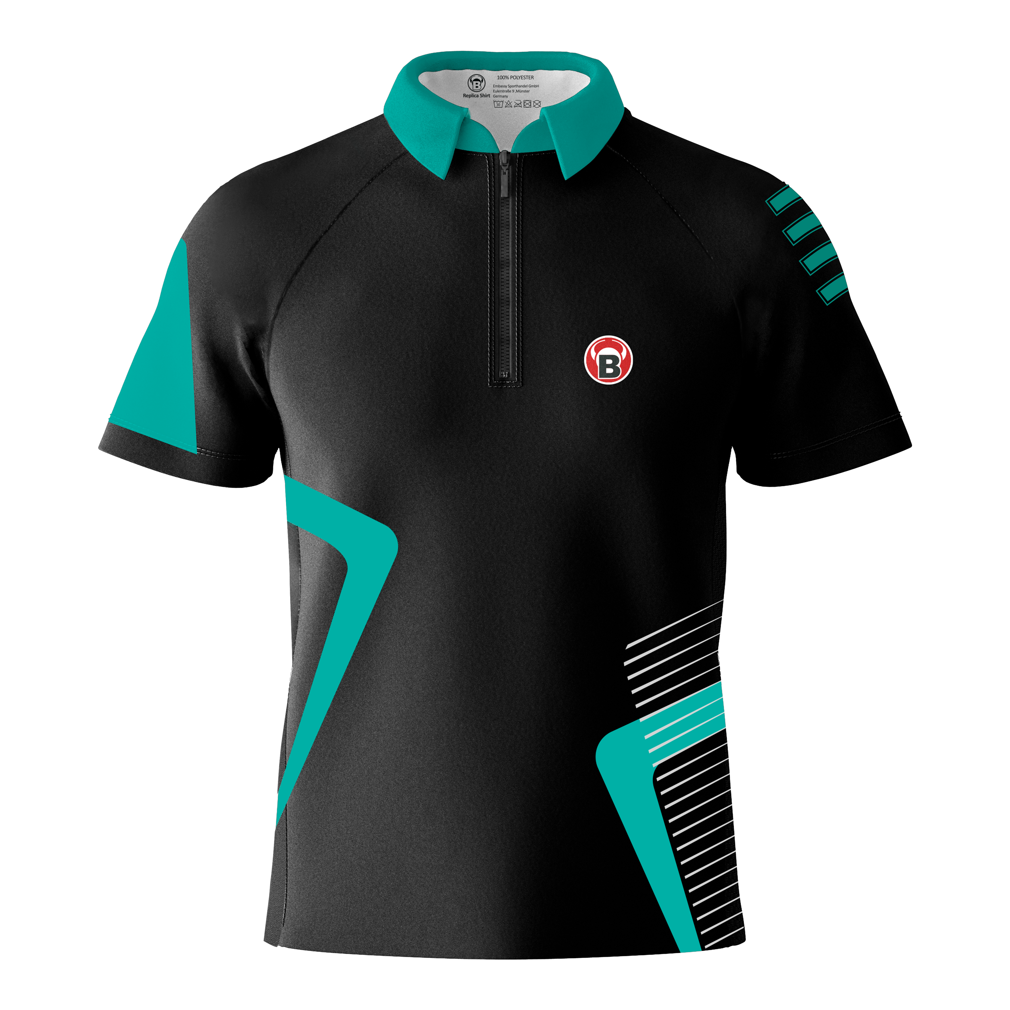 Maglietta Bulls Team Dart - Menta Das Bild zeigt das Bulls Team Dartshirt in der Farbe Mint. Das Shirt ist überwiegend schwarz mit mintfarbenen Akzenten und einem kleinen B-Logo auf der Brust.