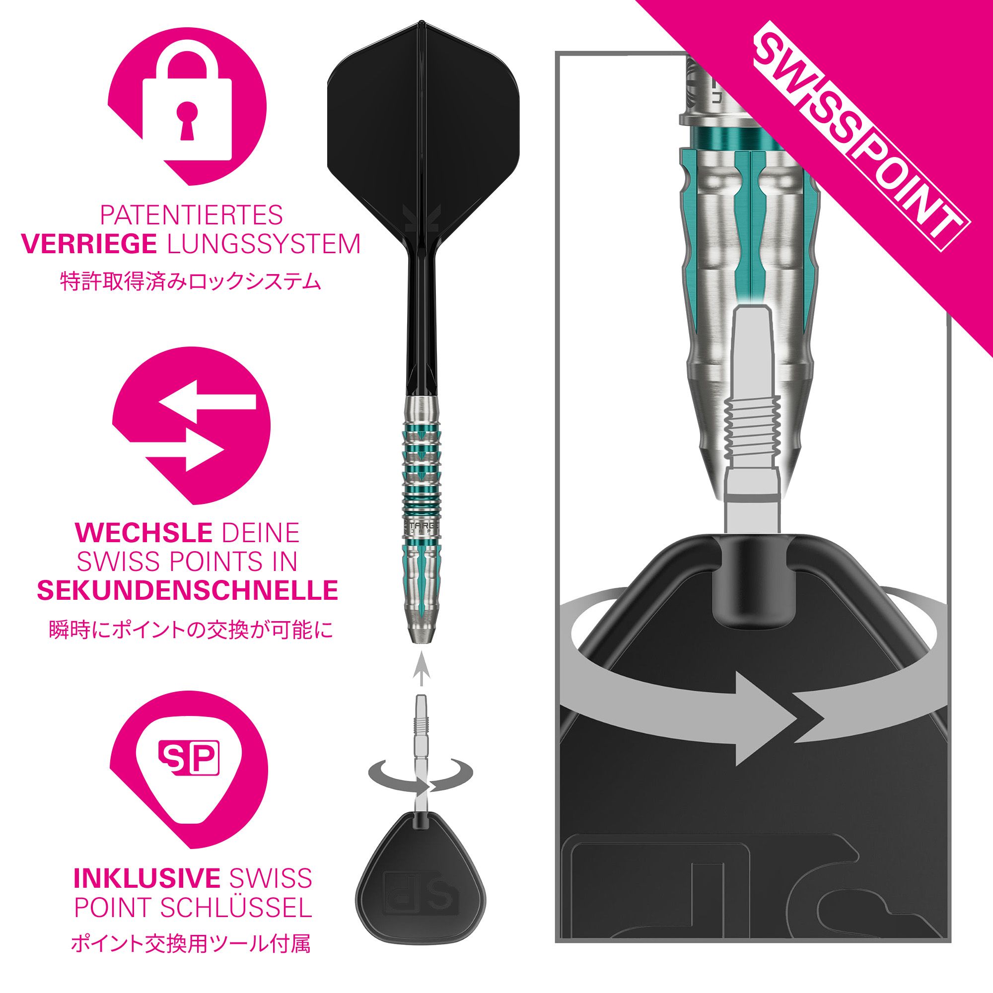 Das Bild zeigt das Produkt Target Japan Black Marque Pierce Swiss Point Steeldarts. Die Steeldarts sind speziell für Präzision und Design bekannt.