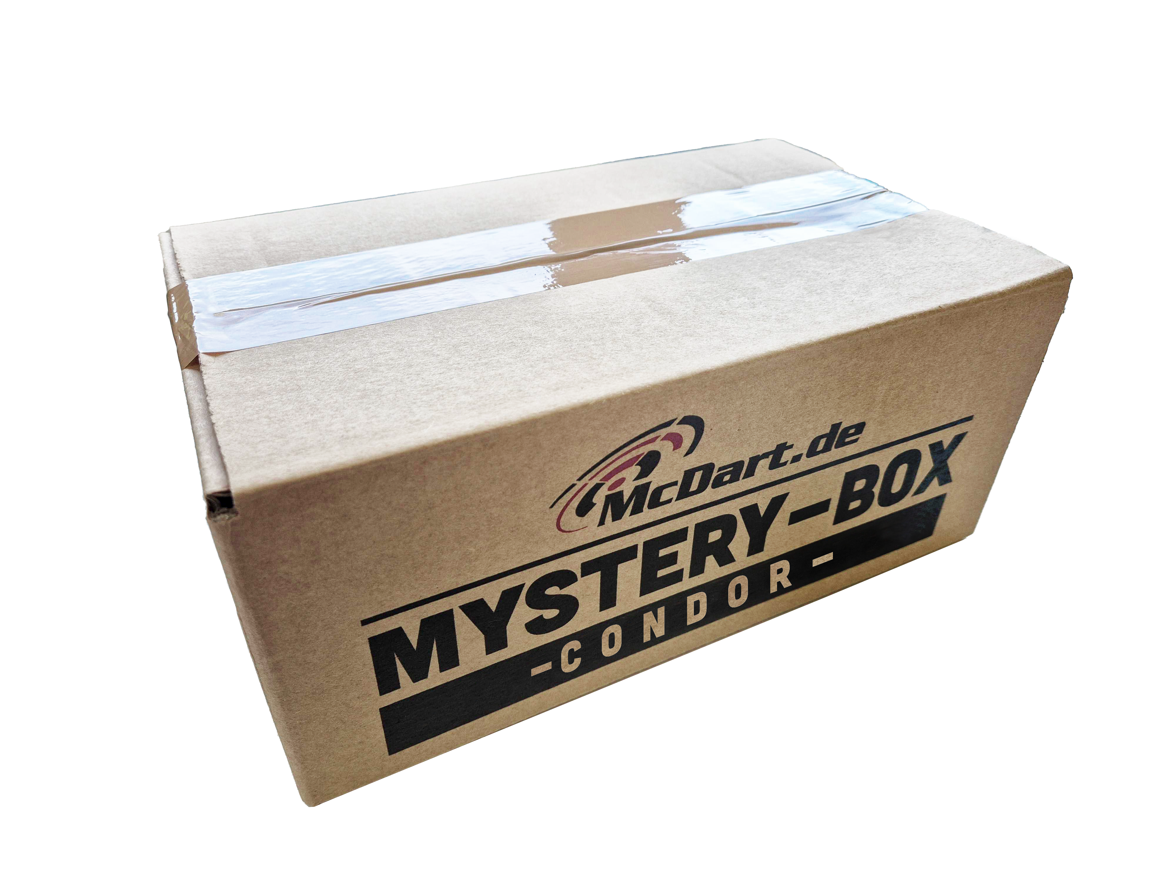 McDart Condor Mystery Box Auf dem Bild ist ein brauner Karton mit der Aufschrift "McDart.de Mystery-Box Condor" zu sehen. Der Karton ist mit Klebeband versiegelt.
