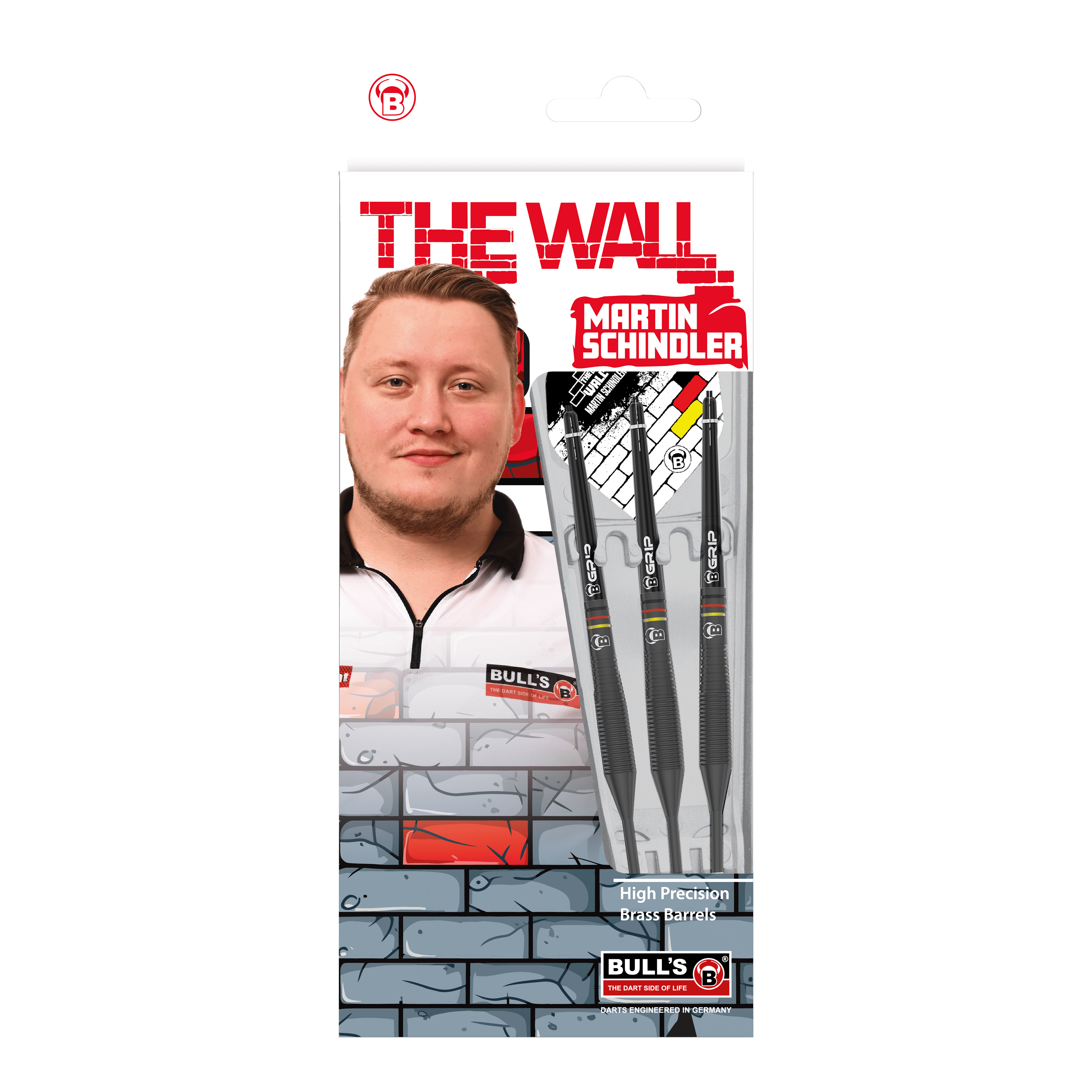 Býci Martin Schindler The Wall Černé mosazné ocelové šipky Auf dem Bild ist die Verpackung der "Bulls Martin Schindler The Wall Black Brass Steeldarts" zu sehen. Auf der Vorderseite sind das Produkt, ein Porträt von Martin Schindler und das Markenlogo abgebildet.