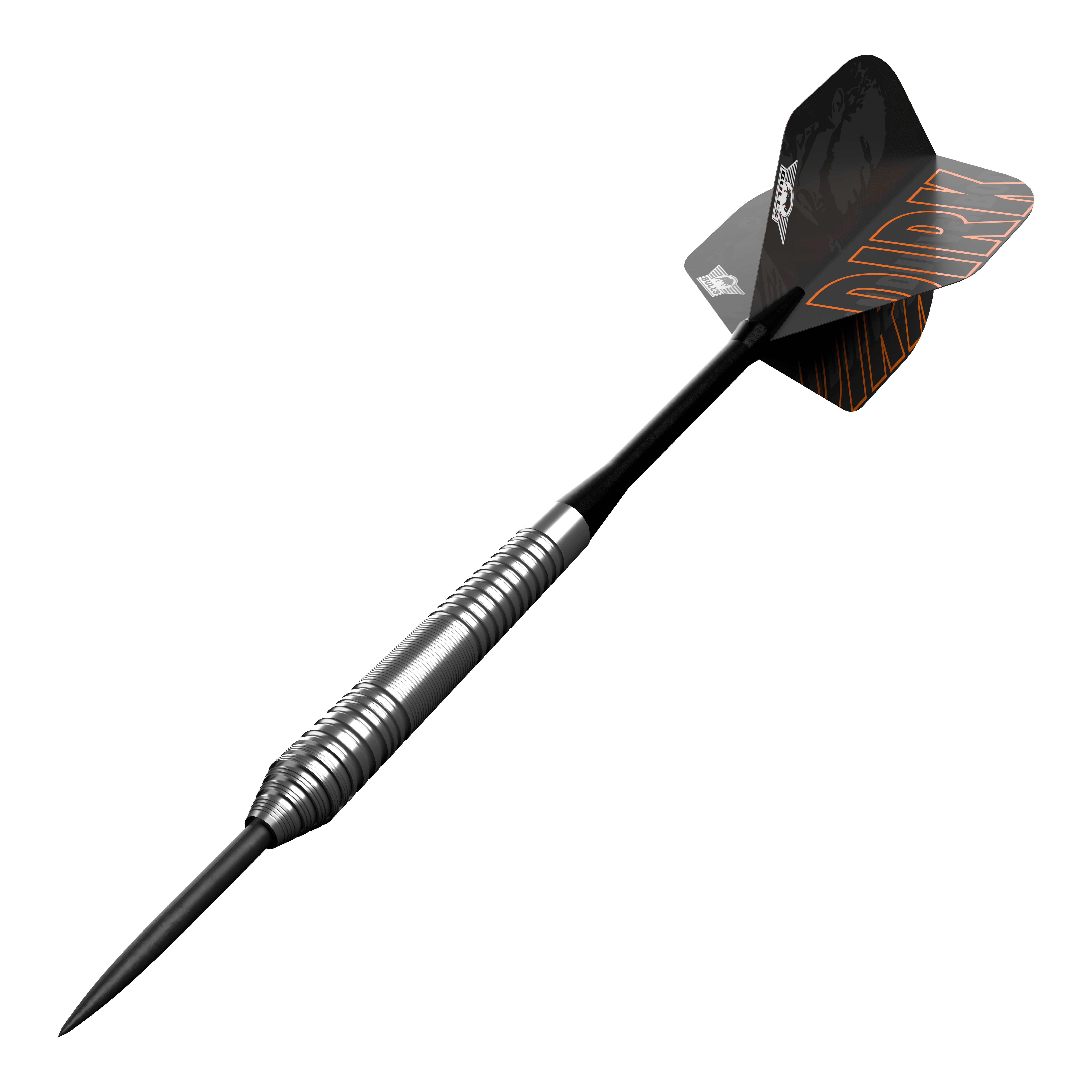 Bulls NL Dirk Van Duijvenbode 80 dardos de acero Dies ist ein Steeldart aus der Serie "Bulls NL Dirk Van Duijvenbode 80". Der Dart hat ein silbernes, geriffeltes Barrel und schwarze Flights mit orangefarbener Aufschrift.