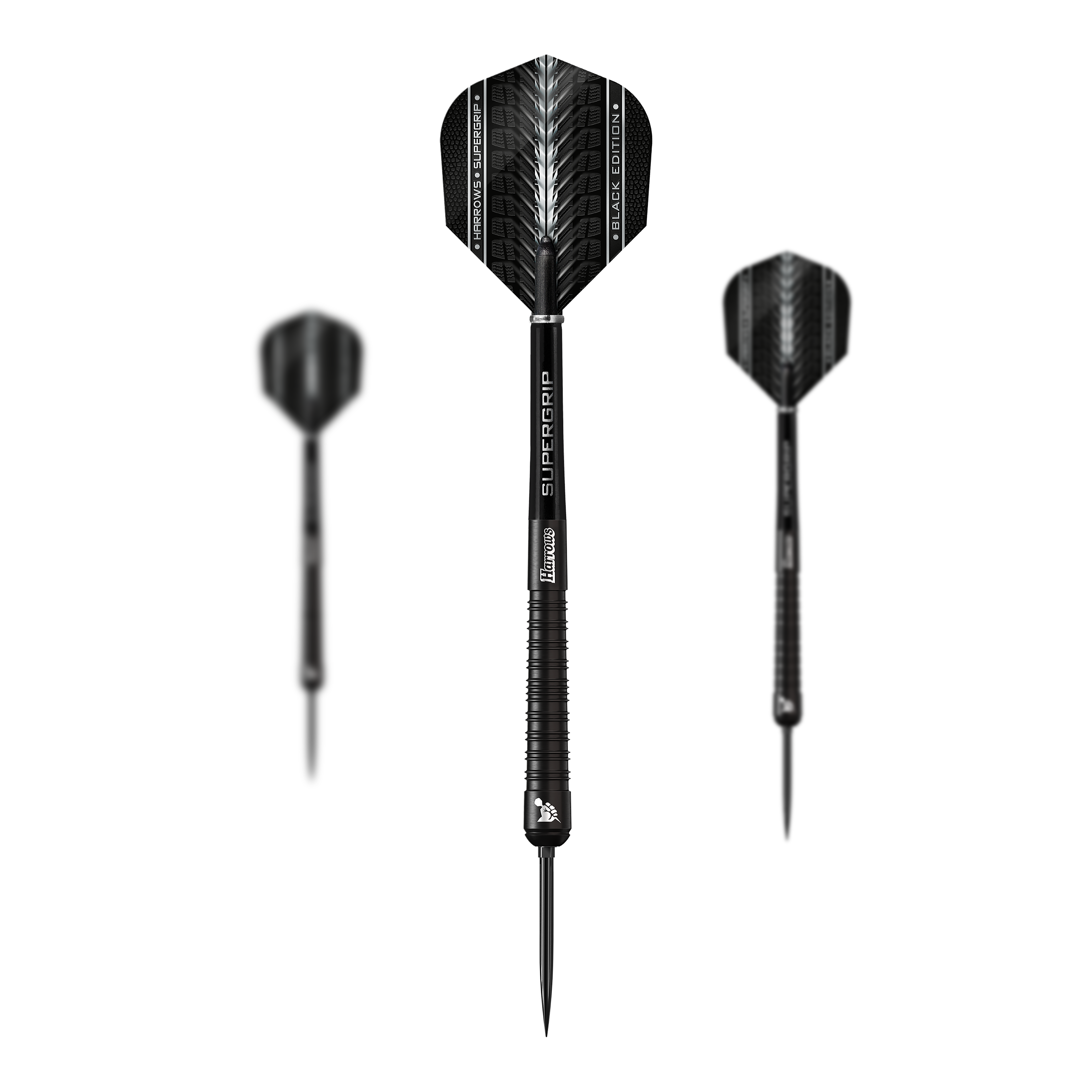 Harrows Supergrip 90 Black Edition Quick Point Steel Darts Auf diesem Bild ist ein Set der Harrows Supergrip 90 Black Edition Quick Point Steeldarts zu sehen. Die Steeldarts sind ideal für Turniere und Freizeitspiele.