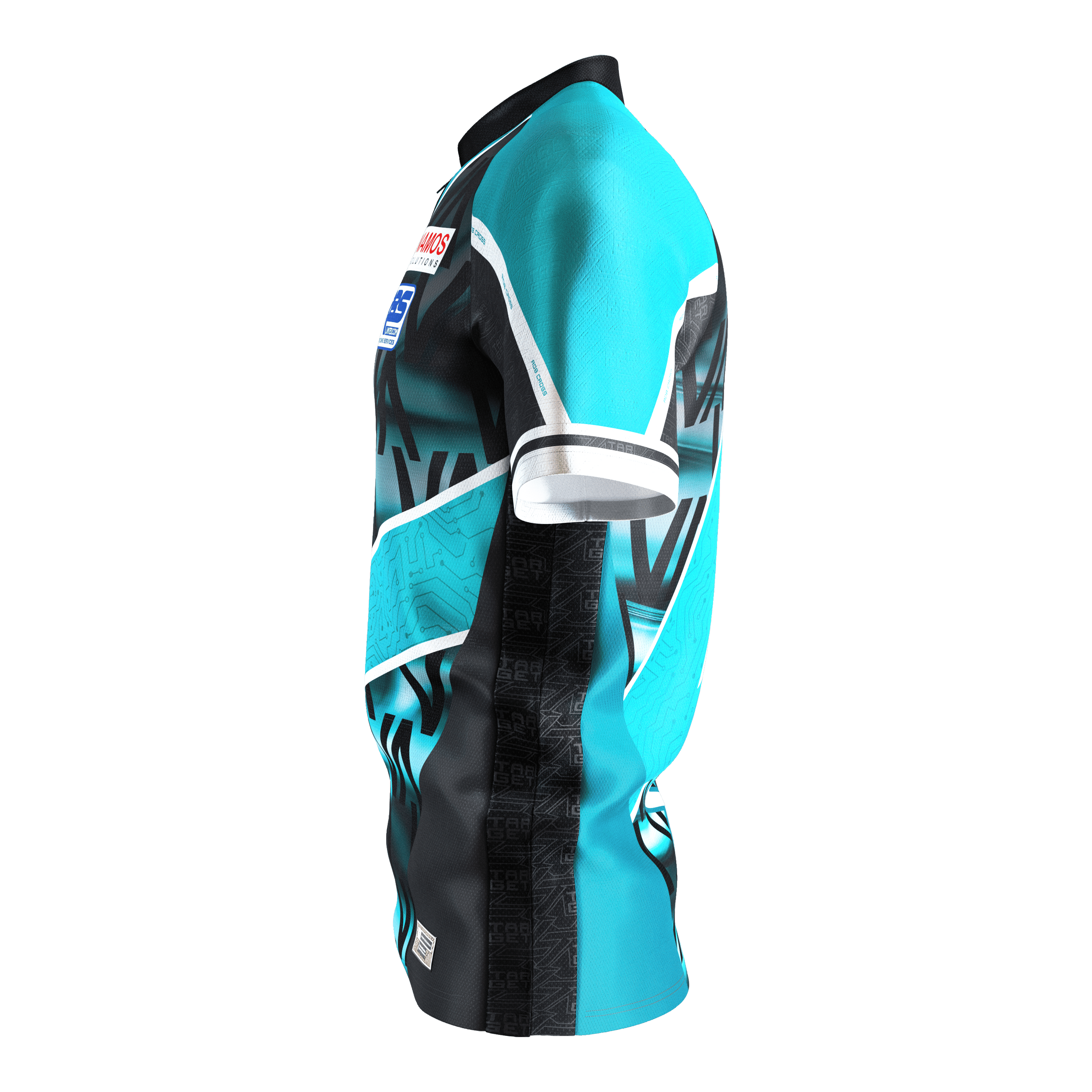 Target Coolplay Rob Cross 2025 Dartshirt Das Bild zeigt das Target Coolplay Rob Cross 2025 Dartshirt. Das Shirt hat ein auffälliges Design in Türkis, Schwarz und Weiß.