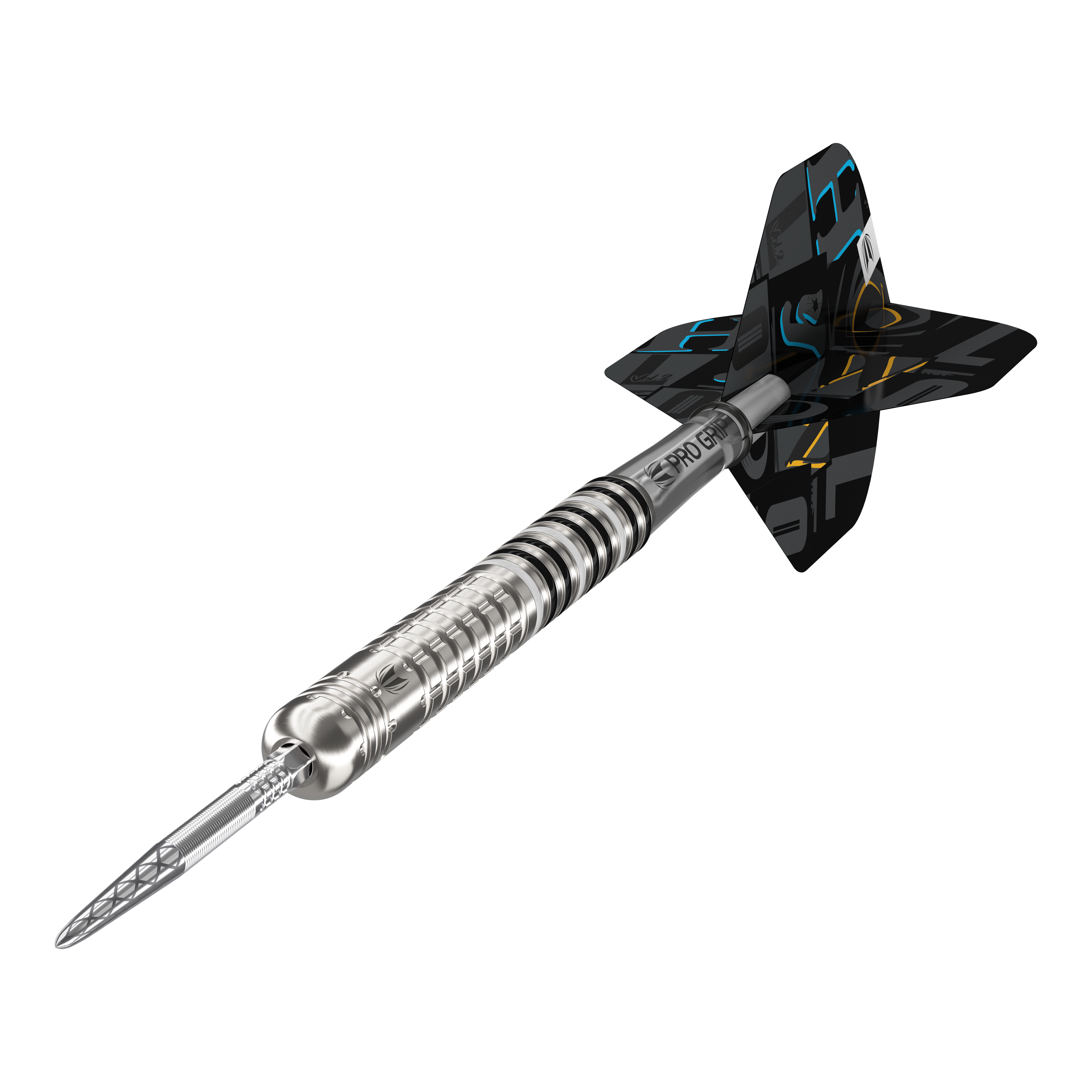 Target Chris Dobey GEN1 Swiss Point Steeldarts Das Bild zeigt den Target Chris Dobey GEN1 Swiss Point Steeldart. Der Dartpfeil hat ein silbernes, geriffeltes Barrel und schwarze Flights mit bunten Akzenten.