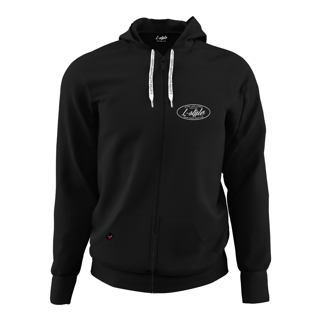 L-Style Hoodie - Schwarz Das Bild zeigt einen schwarzen Hoodie mit Reißverschluss und Kapuze. Auf der Brust befindet sich ein weißes "L-Style"-Logo.