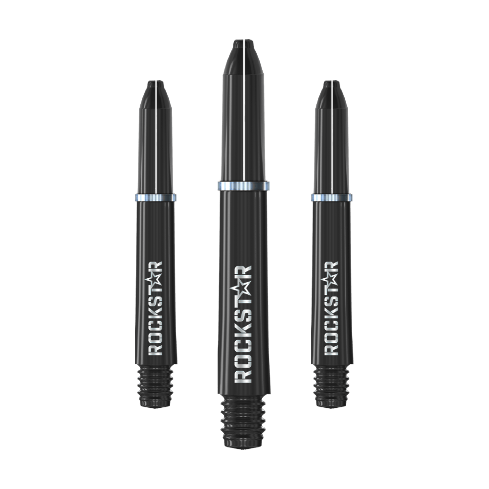 Winmau Joe Cullen Rockstar Nylon Alberi Neri Das Bild zeigt drei schwarze Dartschäfte mit der Aufschrift "ROCKSTAR". Sie sind jeweils mit einem silbernen Metallring versehen.