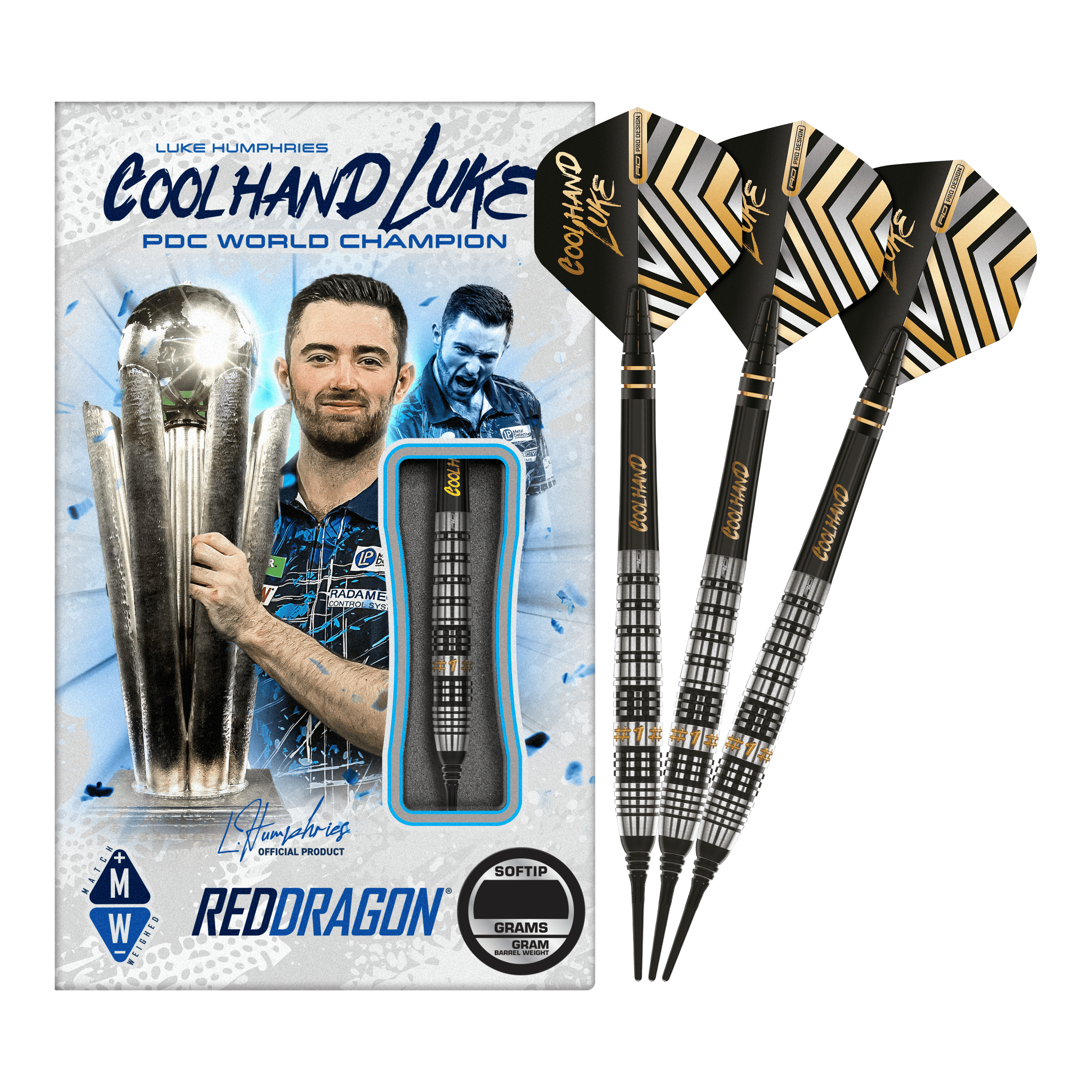 Red Dragon Luke Humphries Prestige Softdarts - 20g Auf dem Bild sind die Red Dragon Luke Humphries Prestige Softdarts mit 20g Gewicht zu sehen. Die Verpackung zeigt ein Bild von Luke Humphries und die Darts sind schwarz mit silbernen und goldenen Details.