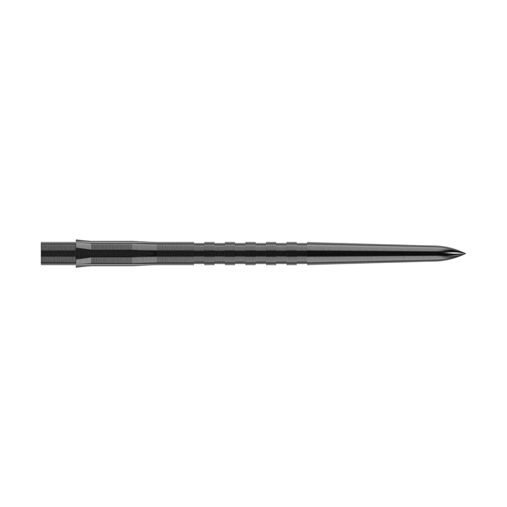 Das Bild zeigt eine schwarze, gerillte Steeldartspitze. Sie ist lang und schmal mit einer scharfen Spitze.