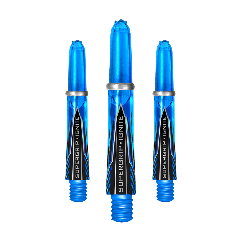 HR386_Harrows_Supergrip_Ignite_Shafts_Aqua_33mm_1PNcec4NZztQnN Das Bild zeigt drei blaue Harrows Supergrip Ignite Shafts in der Farbe Aqua. Die Shafts haben ein modernes Design mit dem Schriftzug "SUPERGRIP IGNITE" auf der Vorderseite.
