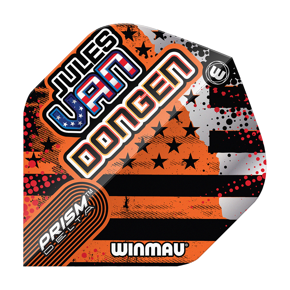 Das Bild zeigt ein Winmau Prism Delta Dart-Flight mit dem Namen "Jules Van Dongen". Das Flight-Design enthält auffällige Farben, Sterne und Streifen sowie den Schriftzug "Winmau".