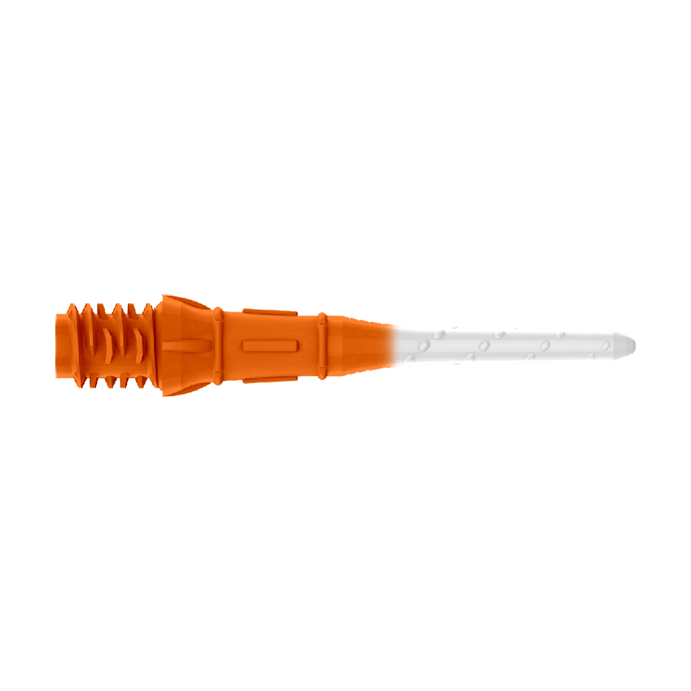 L-Style Premium Two Tone Lippoints (30er Pack)-Orange/Weiß Das Bild zeigt eine zweifarbige Kunststoffspitze, die auf einer Seite orange und auf der anderen weiß ist. Es handelt sich um eine Ersatzspitze für ein elektronisches Dart.