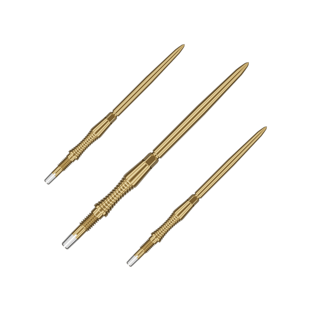 Target Swiss Point Dart Tips Signature RST - Gold Das Bild zeigt ein Set von Target Swiss Point Dartspitzen Signature RST in Gold, 42mm. Das Set enthält mehrere identische Dartspitzen mit strukturierter Oberfläche.