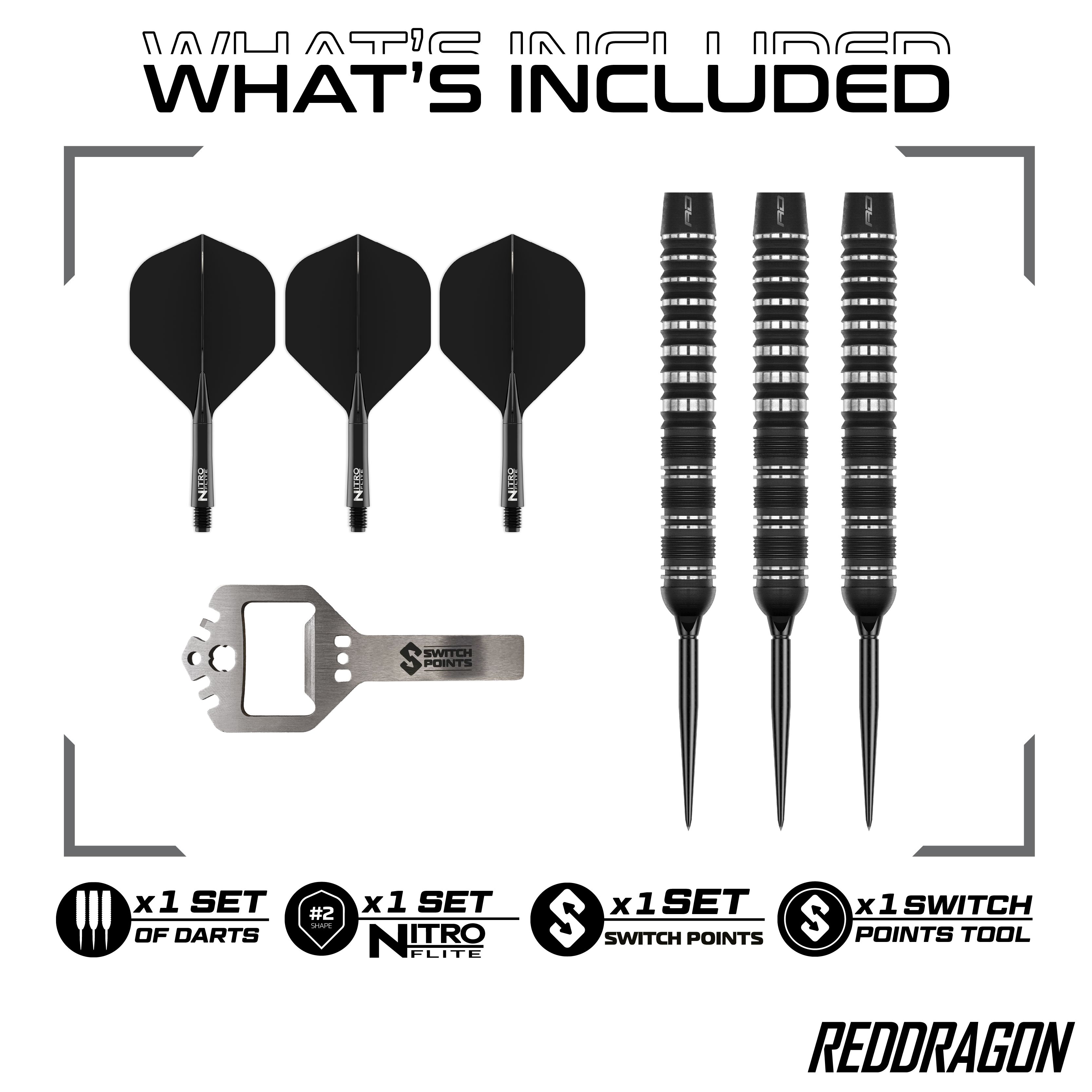 Hier ist der Red Dragon Sable Parallel Switch Point Steeldarts zu sehen. Diese Steeldarts stehen für Qualität und Langlebigkeit.