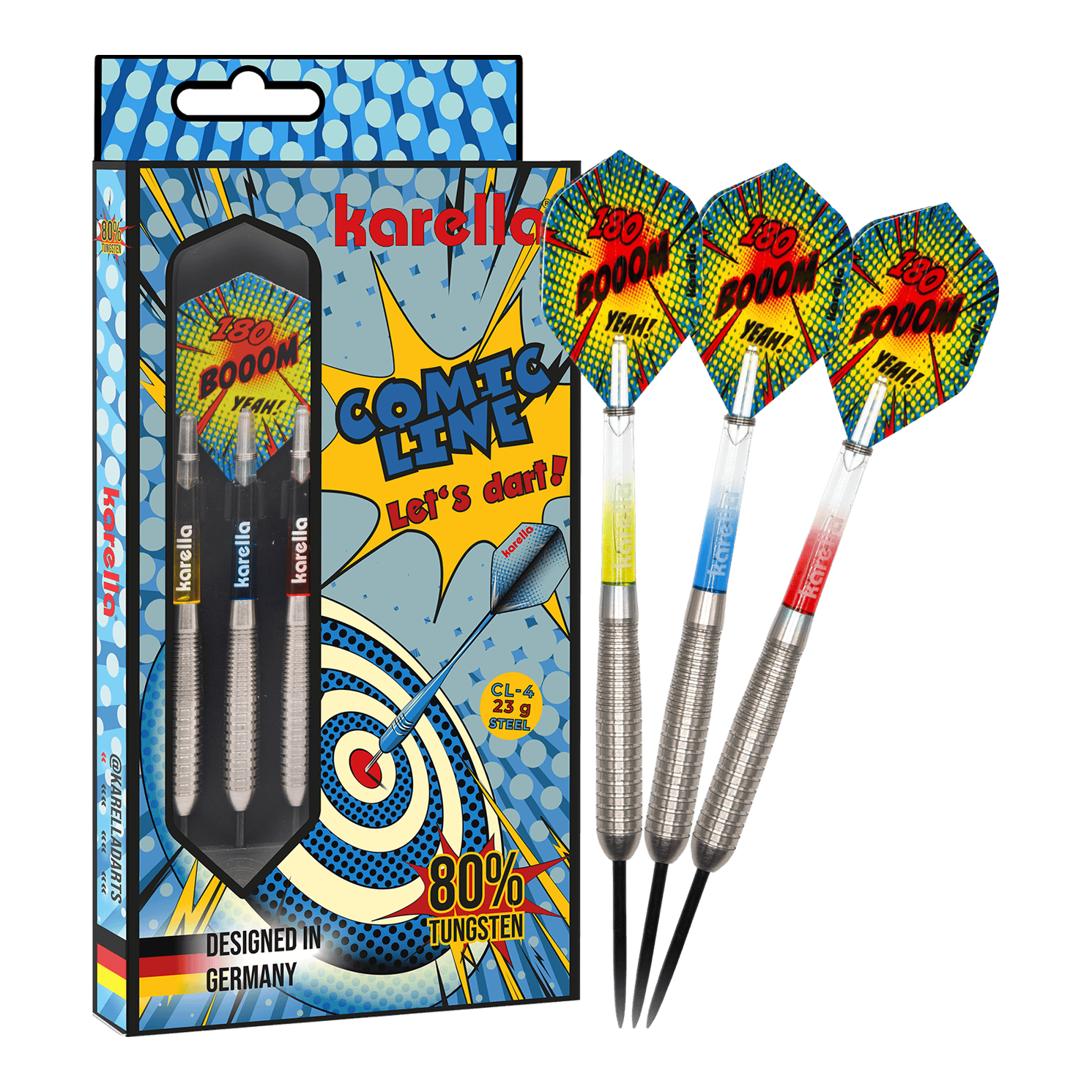 Dardos de acero Karella Comic Line CL-4 - 23 g Das Bild präsentiert die Karella Comic Line CL-4 Steeldarts mit einem Gewicht von 23g. Diese Darts sind robust und für ambitionierte Spieler konzipiert.
