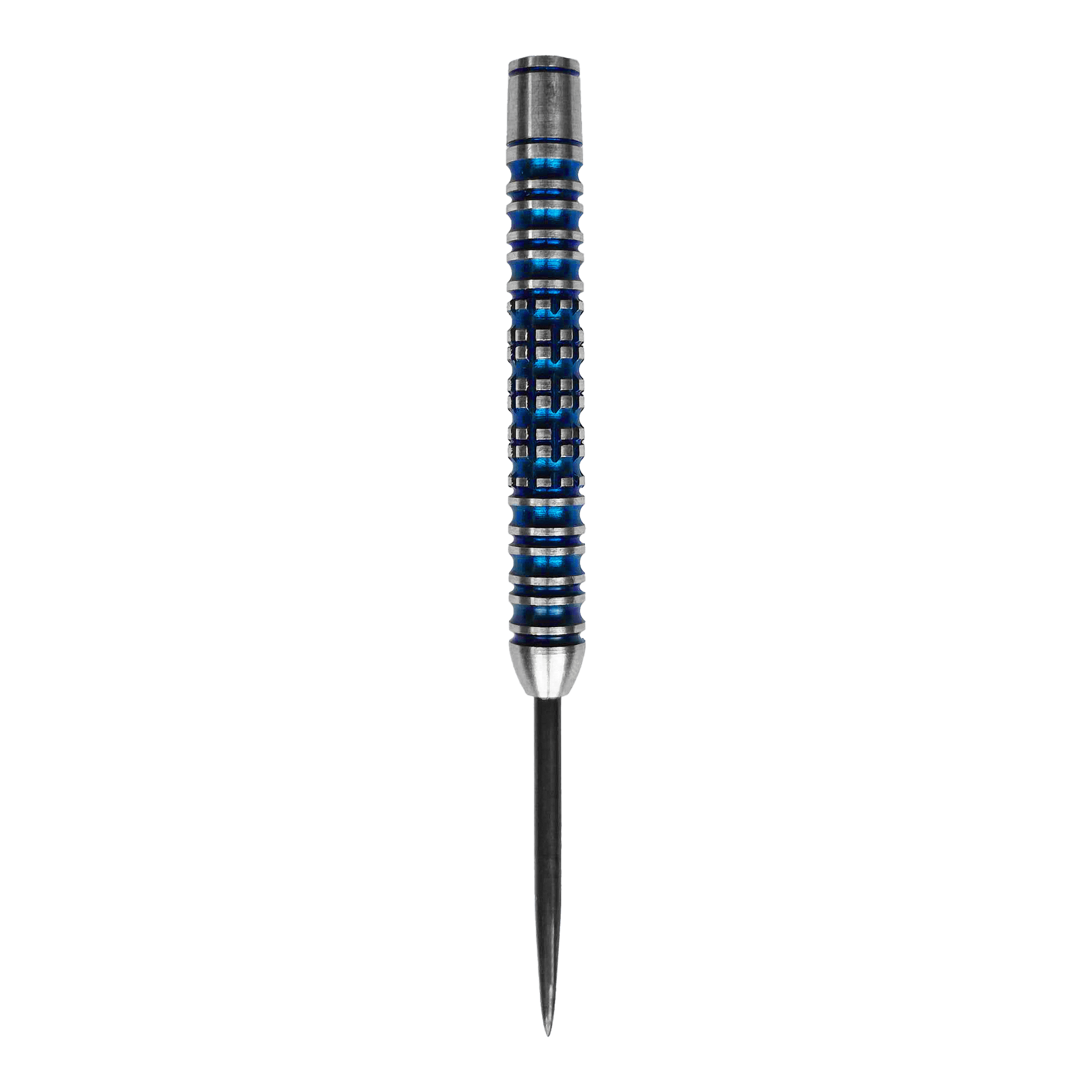 McDart Ocean Steeldart Barrels - 23g Das Bild zeigt ein McDart Ocean Steeldart Barrel mit einem Gewicht von 23g. Der Barrel hat ein silber-blaues Design mit Rillen und einem spitzen Ende.