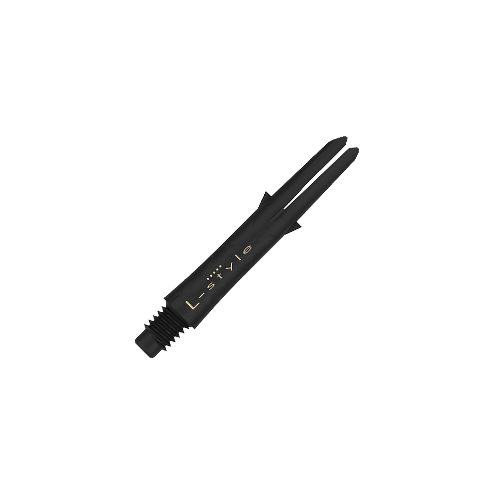 Wałki karbonowe w stylu L Das Bild zeigt einen schwarzen Carbon-Dartshaft ohne Kappen mit der Aufschrift "L-style". Der Schaft ist 32 mm lang und hat ein Schraubgewinde am Ende.