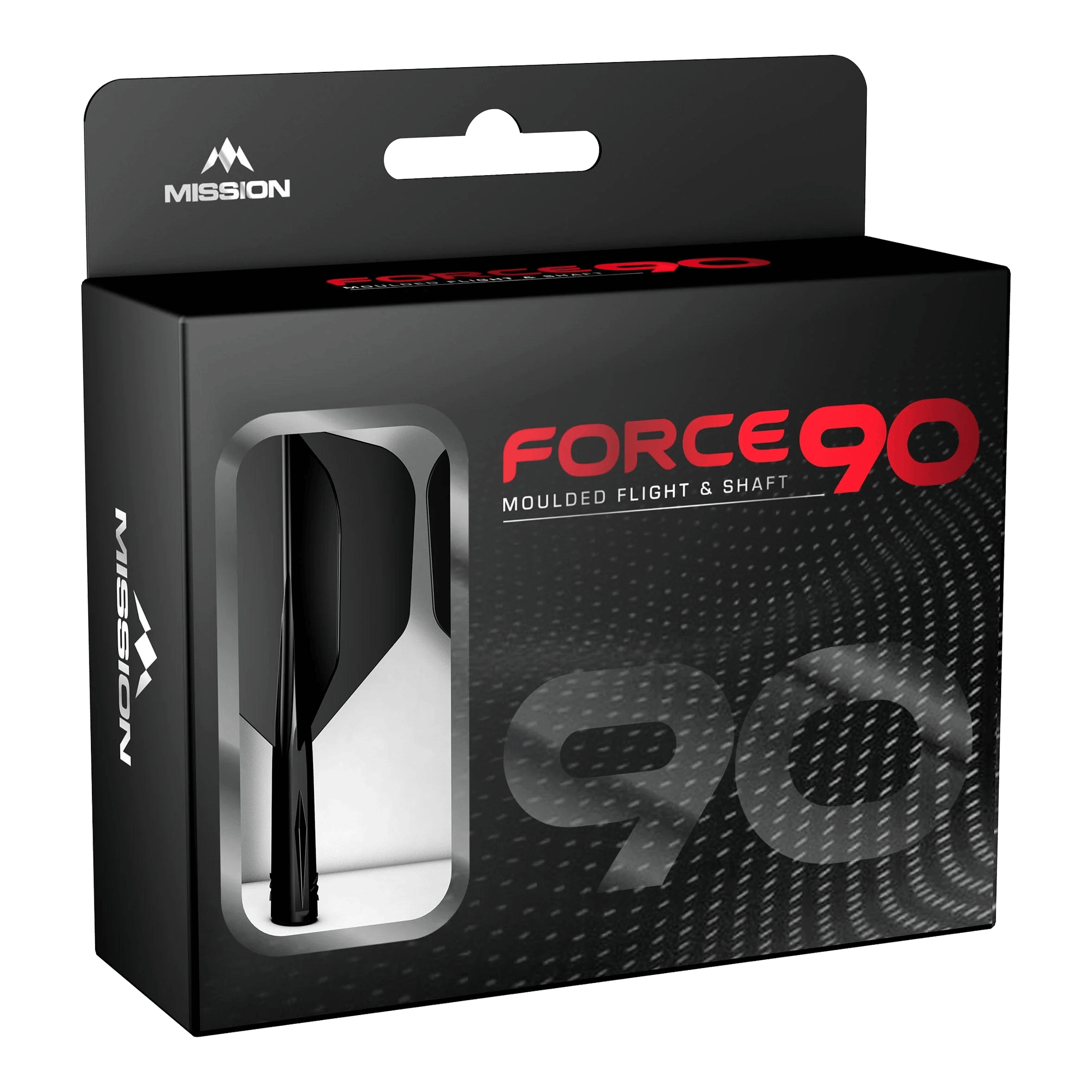 Sistema de eje de vuelo Mission Force 90 No6 - Negro Die Abbildung zeigt die Verpackung des Produkts "Mission Force 90 No6 Flight-Shaft-System - Schwarz". In der Box befindet sich ein schwarzes Flight- und Shaft-System für Darts.