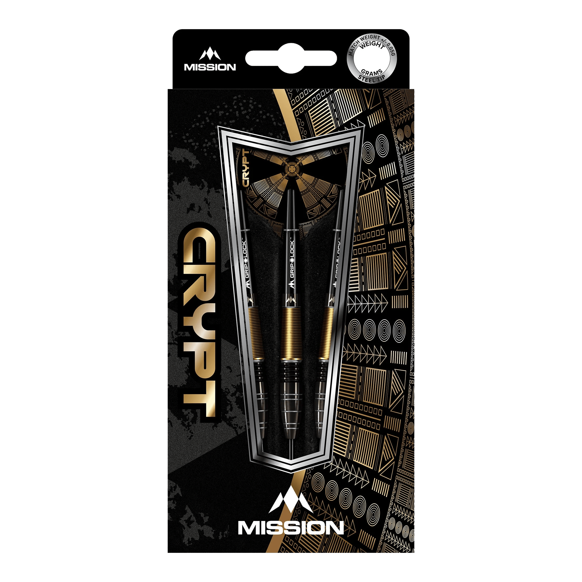 Mission Crypt Model 1 Steeldarts - 22g Die Abbildung zeigt die Verpackung der "Mission Crypt Model 1 Steeldarts - 22g". Drei schwarze und goldene Steeldarts sind in einer stilvollen Box mit geometrischen Mustern angeordnet.