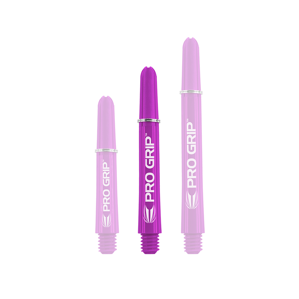 Tiges Target Pro Grip - 3 jeux - Violet Das Bild zeigt drei lila Dartschäfte in unterschiedlichen Längen. Auf jedem Schaft steht in Weiß "PRO GRIP" geschrieben.