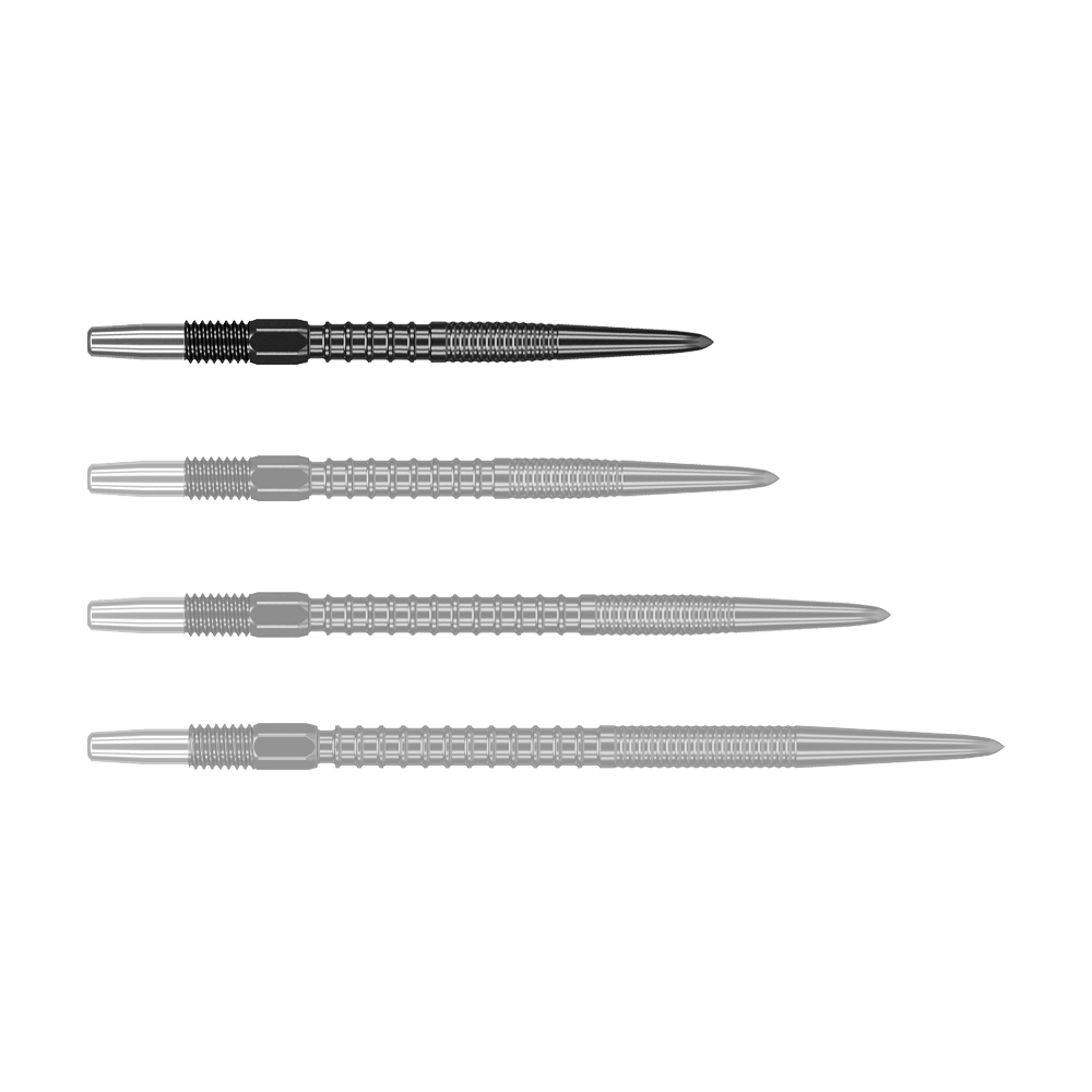 Końcówki lotek Target Swiss Firepoint Black Auf dem Bild sind vier schwarze Dartspitzen in einer Reihe zu sehen. Sie sind aus Metall und haben ein modernes, gerilltes Design.