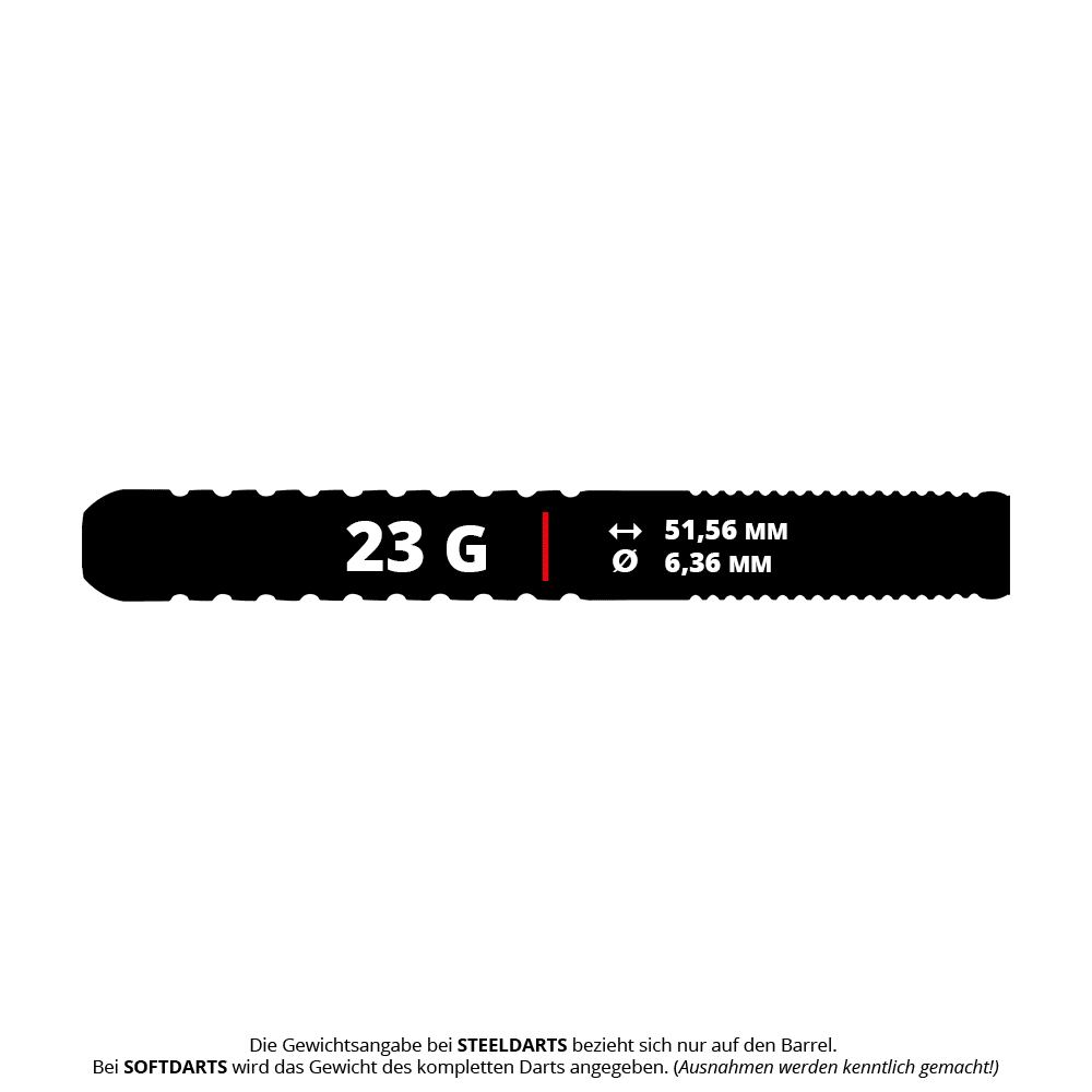 Fléchettes en acier Red Dragon Bullhitters V1 - 23 g Red Dragon Bullhitters V1 Steeldarts - 23g, dargestellt auf dem Bild. Der Dartpfeil wiegt 23 Gramm und eignet sich für Steeldartspiele.