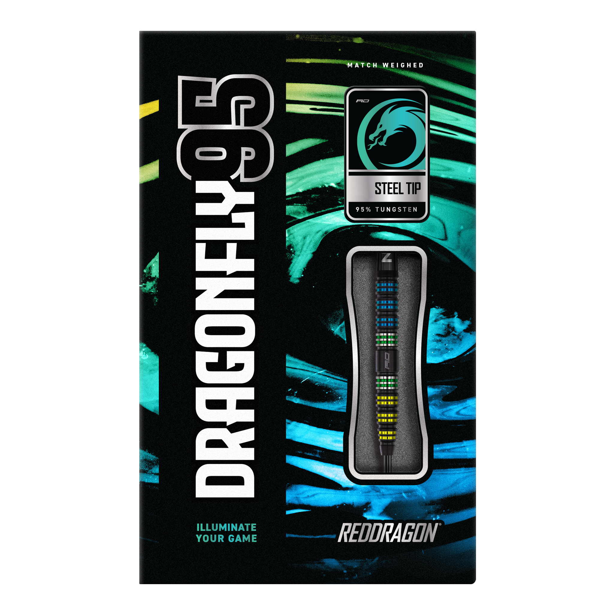 Šipky Red Dragon Dragon 95 černé, zúžené, ocelové Auf dem Bild ist die Verpackung der "Red Dragon Dragonfly 95 Black Tapered Steeldarts" zu sehen. Die Schachtel hebt das Design der Darts sowie den Schriftzug und die Materialien hervor.