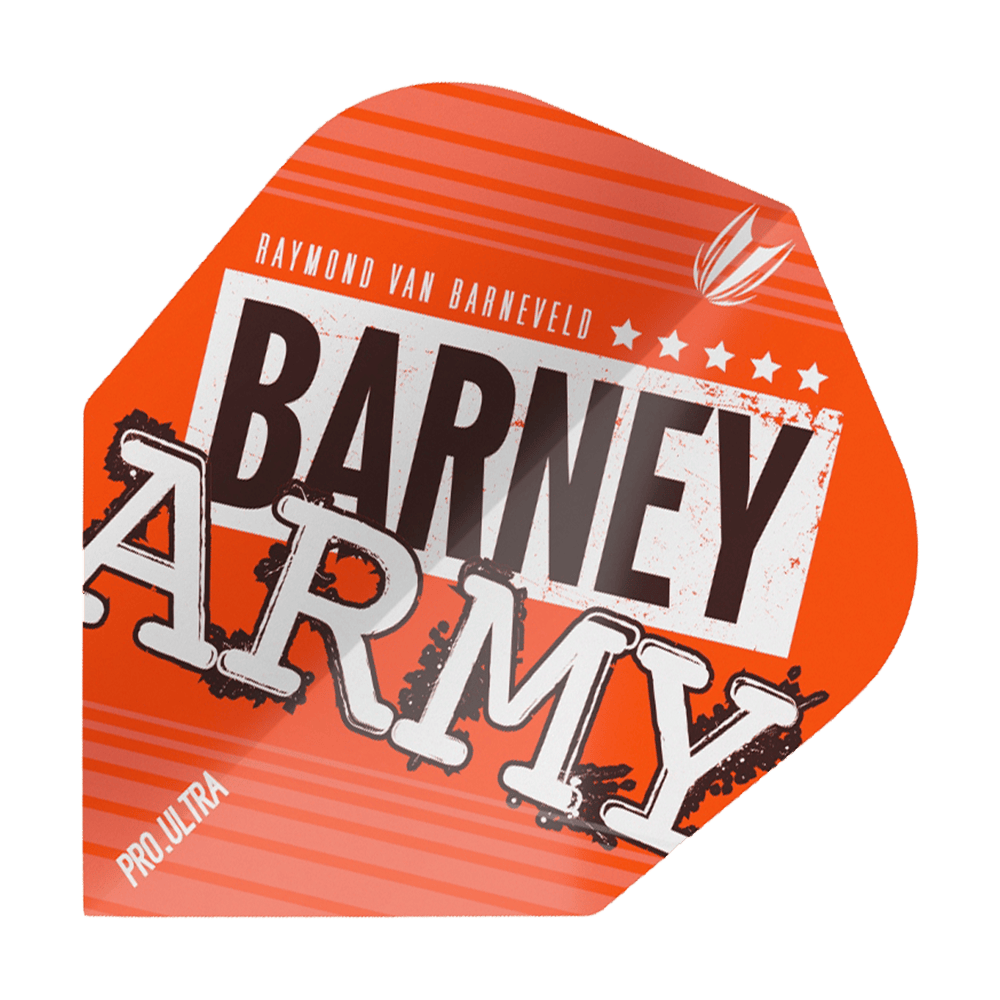 TG64_334310_Target_ProUltra_Barney_Army_Orange_Ten-X_Flights_1w8mUNvE8M34Y9 Das Bild zeigt ein orangefarbenes Dart-Flight mit dem Aufdruck "Barney Army". Oben steht der Name "Raymond van Barneveld" und unten links ist "Pro Ultra" zu lesen.