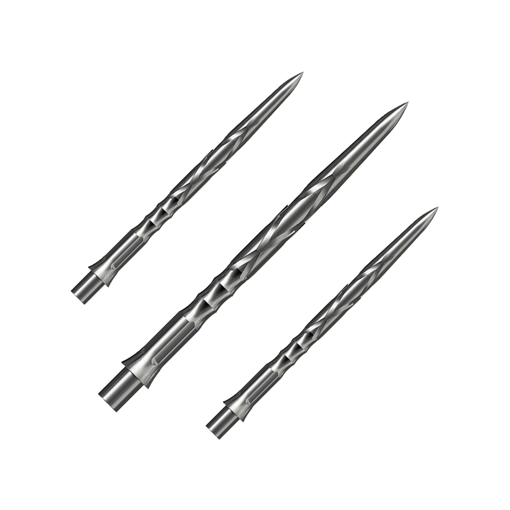 Caliburn System Steeldartspitzen - HAN G2 - Silber Auf dem Bild sind drei silberne Steeldartspitzen mit einem spiralförmigen Muster zu sehen. Sie liegen nebeneinander auf einem neutralen Hintergrund.