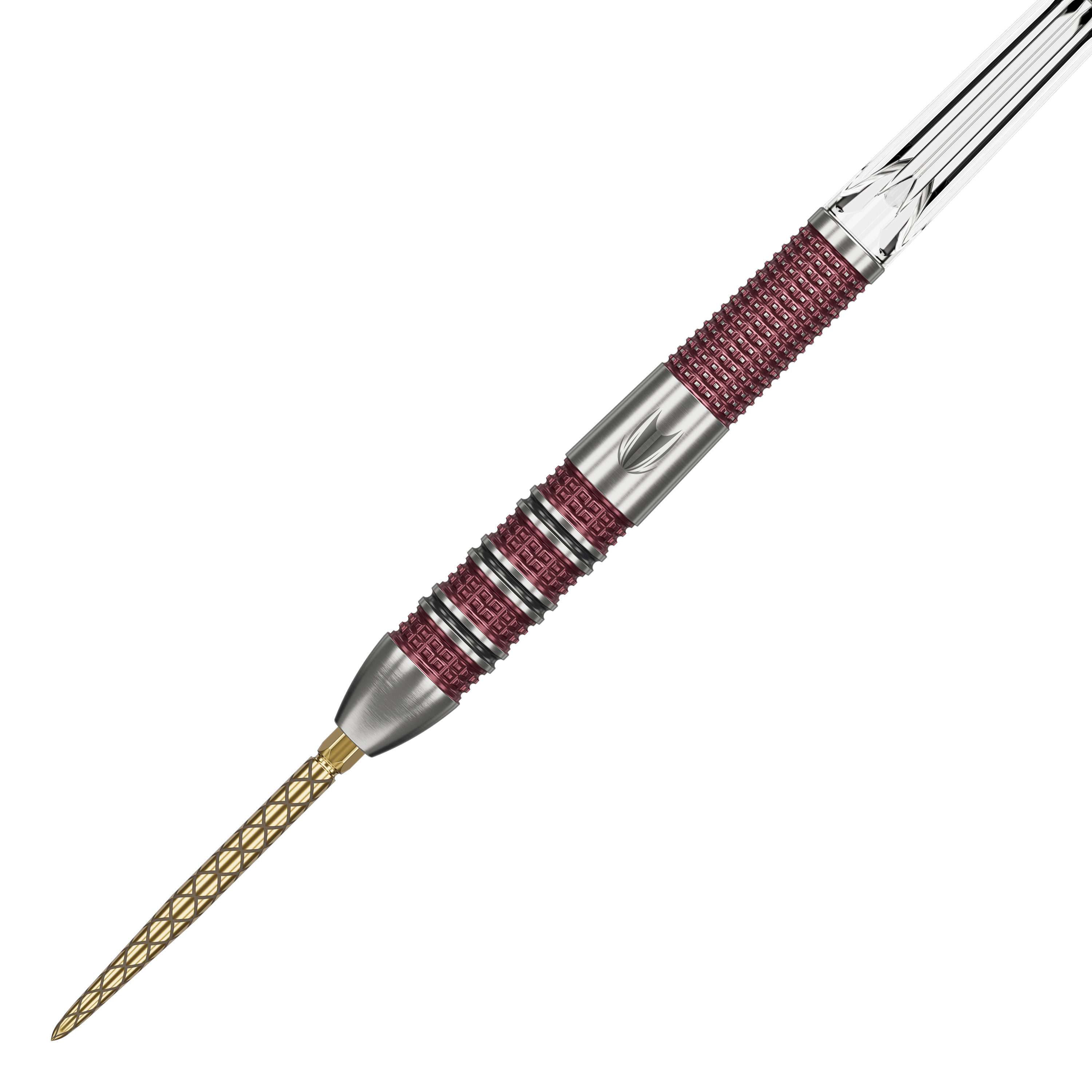 Dies ist ein Target Stephen Bunting 95K Swiss Point Steeldart. Der Dartpfeil hat eine silberne und rote Griffzone sowie eine goldfarbene Spitze.