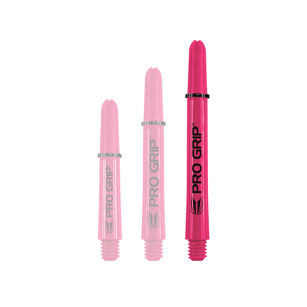 Tiges Target Pro Grip - 3 jeux - Rose Das Bild zeigt drei pinke Pro Grip Shafts in verschiedenen Längen. Sie stehen nebeneinander und haben die Aufschrift "PRO GRIP".