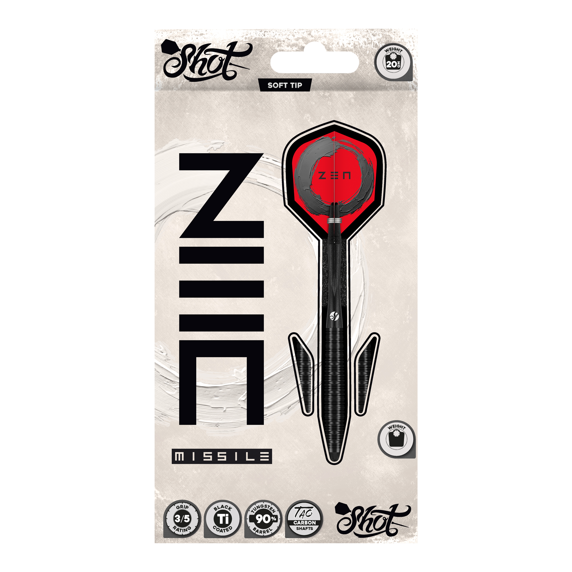 Shoty ZEN Missile Soft Darts - 20g Dies ist ein Bild von den Shot ZEN Missile Softdarts - 20g. Die Softdarts sind für das Dartspiel geeignet und zeigen ein modernes Design.